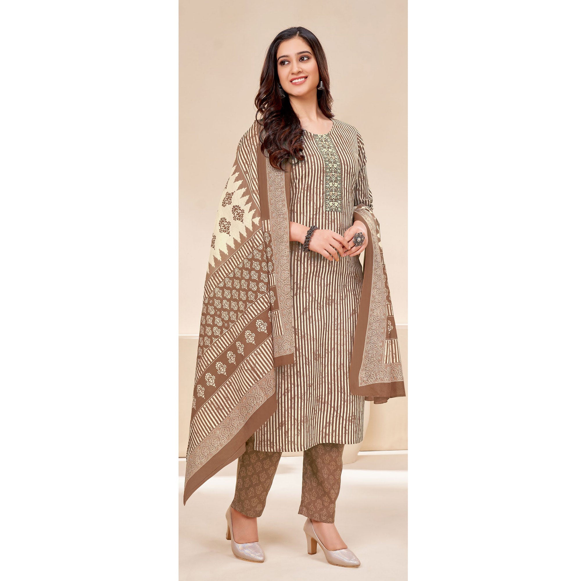 Brown Printed With Tie Embroidered Pure Cotton Suit