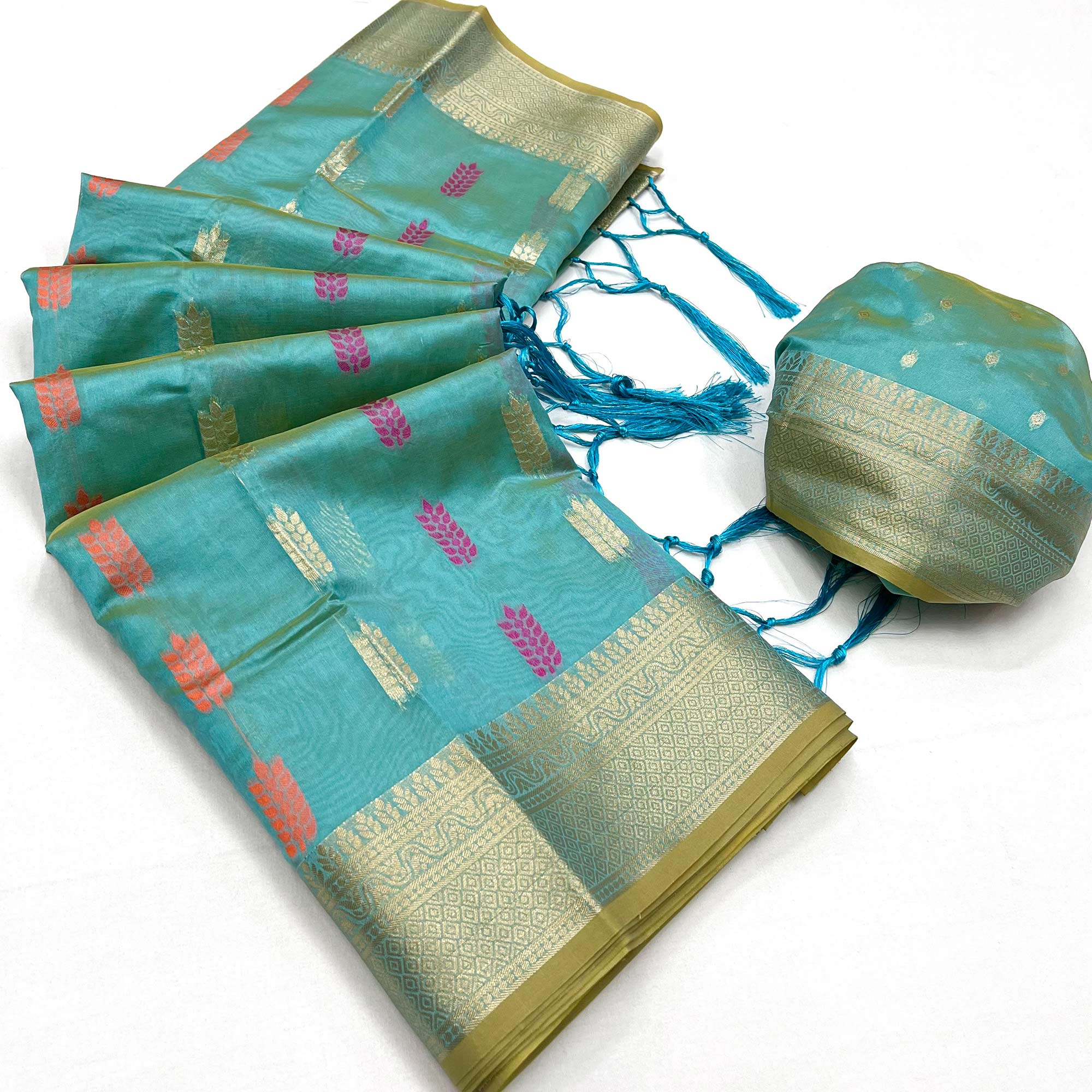 Blue Floral Woven Organza Saree