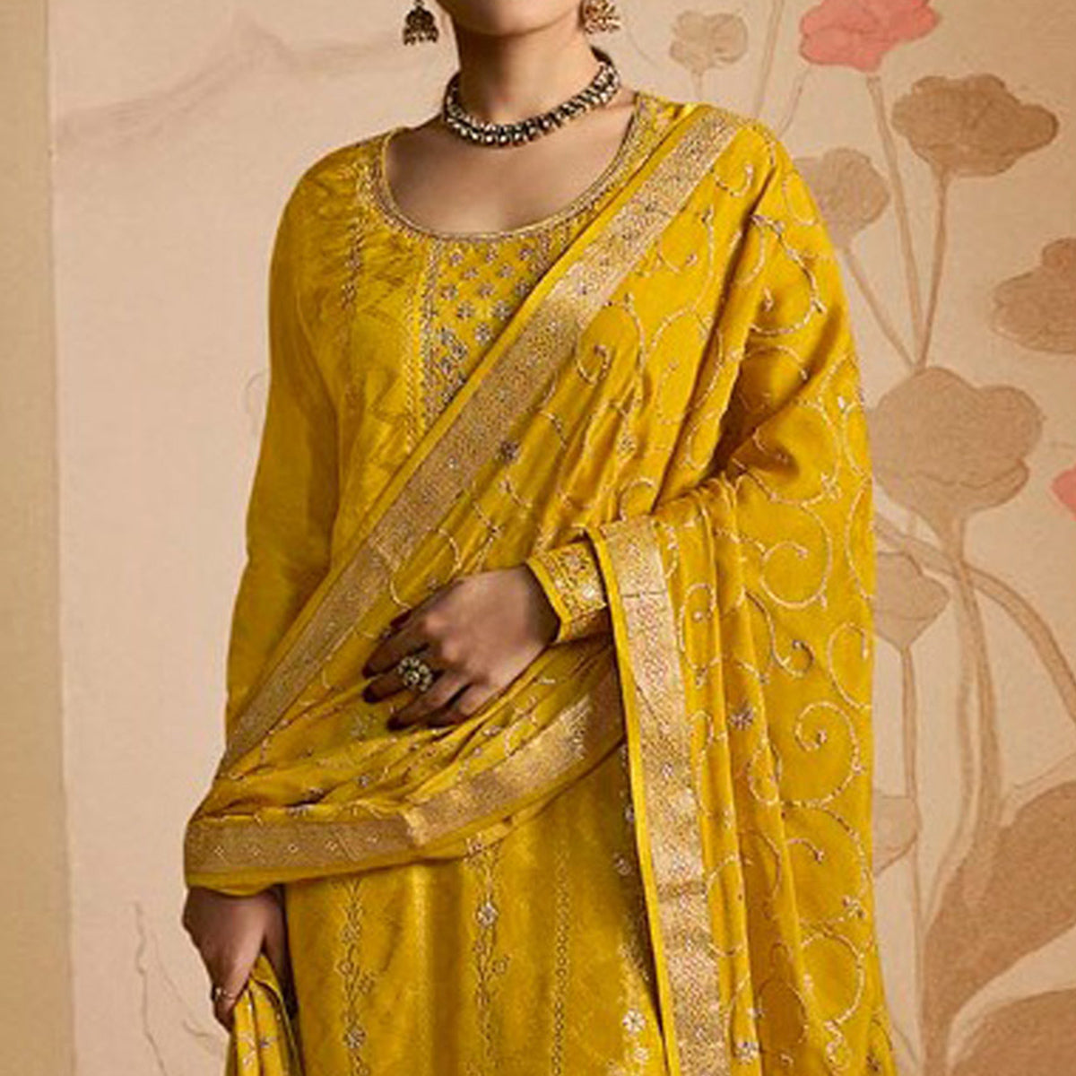 Yellow Woven And Embroidered Dola Silk Palazzo Suit