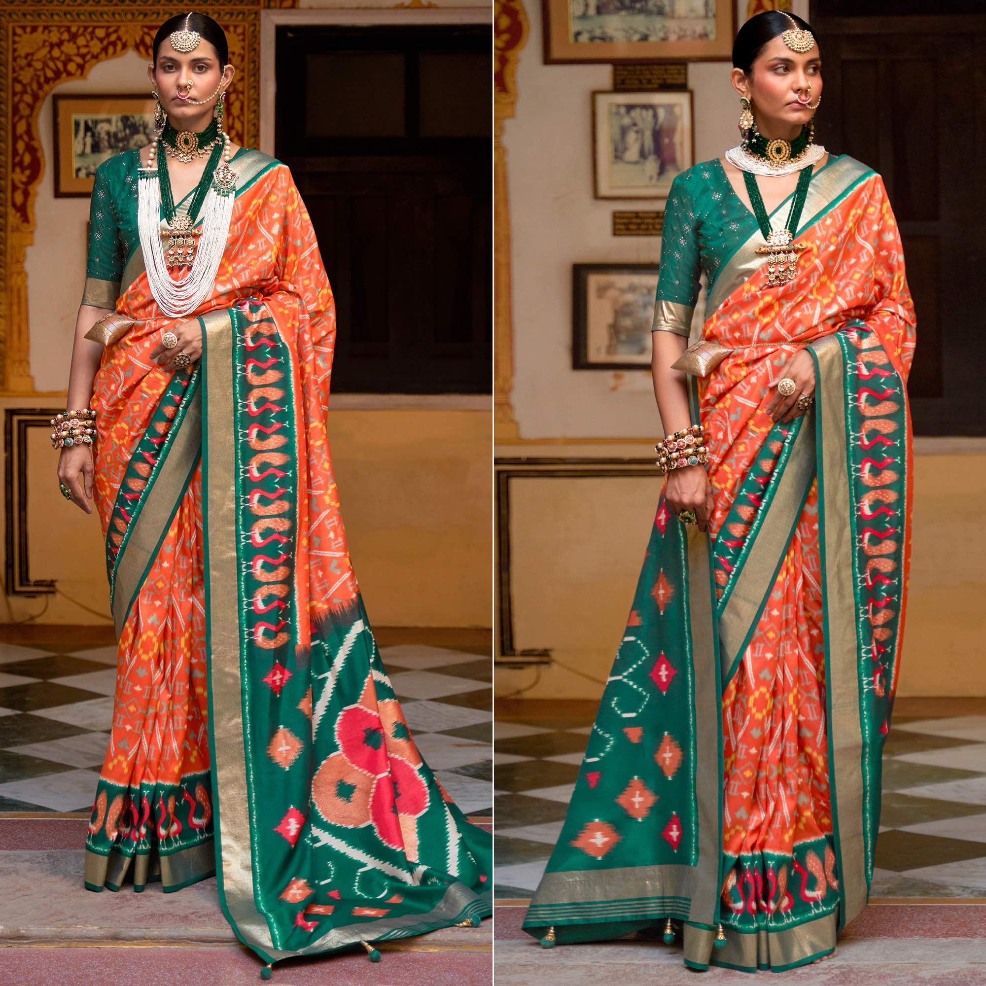 Orange & Bottle Green Printed Art Silk Saree