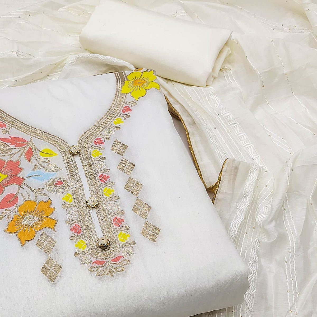 White Floral Woven Banarasi Silk Dress Material