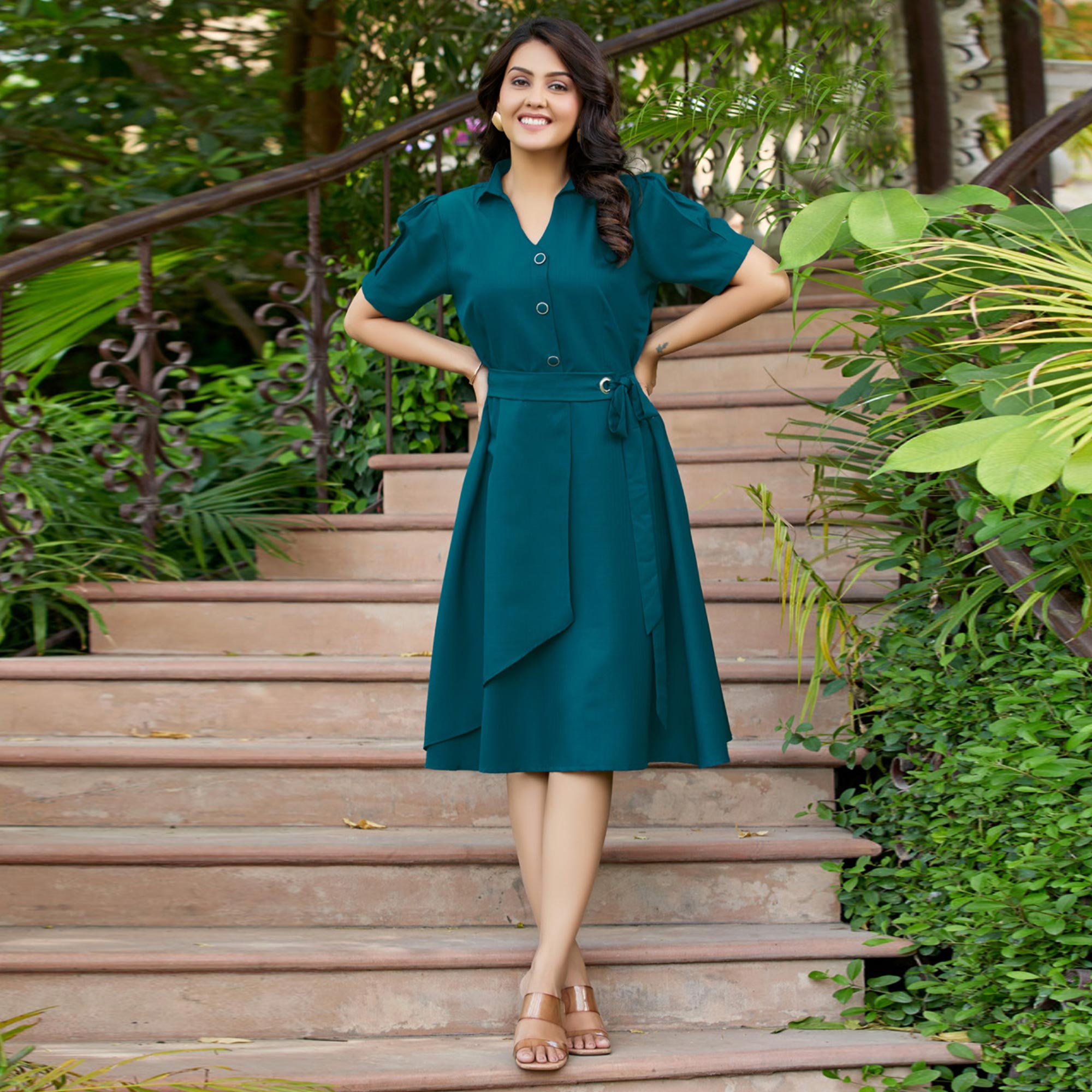 Teal Blue Solid Cotton Dress