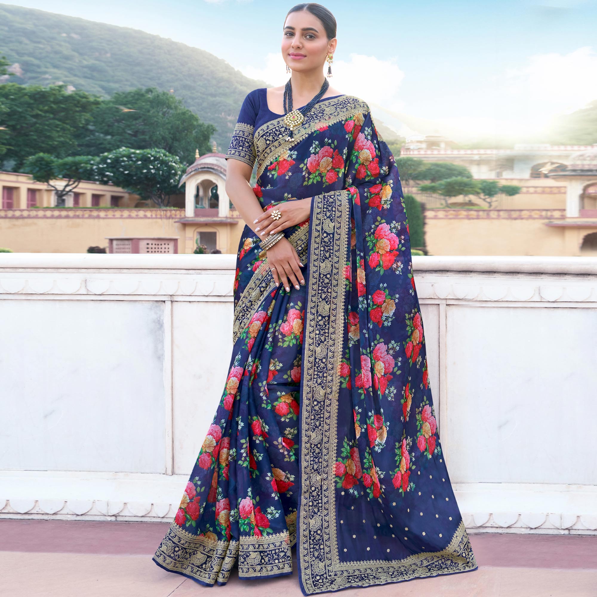 Navy Blue Floral Printed With Embroidered Organza Saree