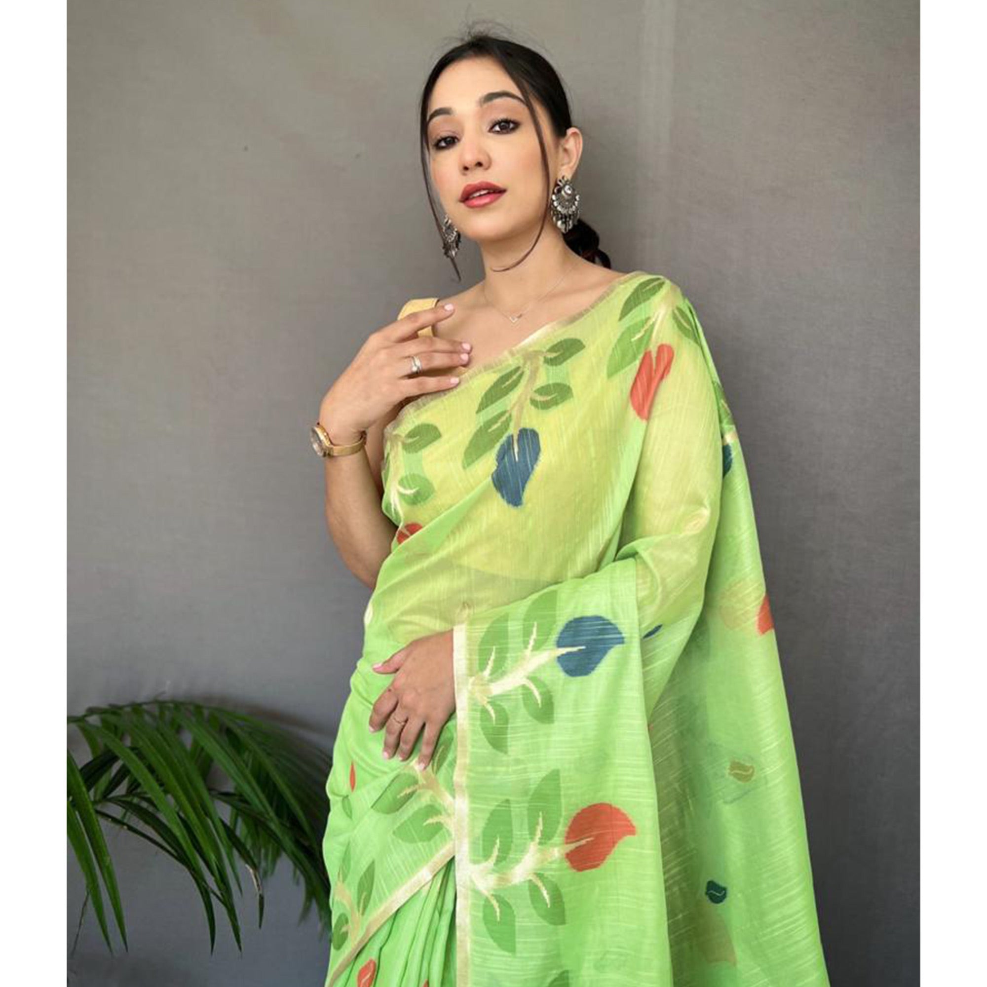 Pista Green Floral Woven Cotton Saree