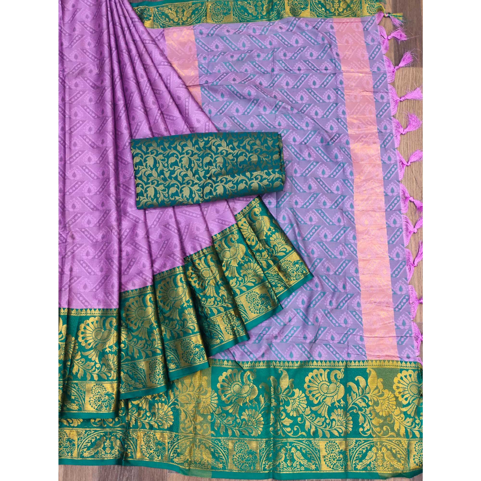 Lavender Woven Cotton Silk Saree With Tassels