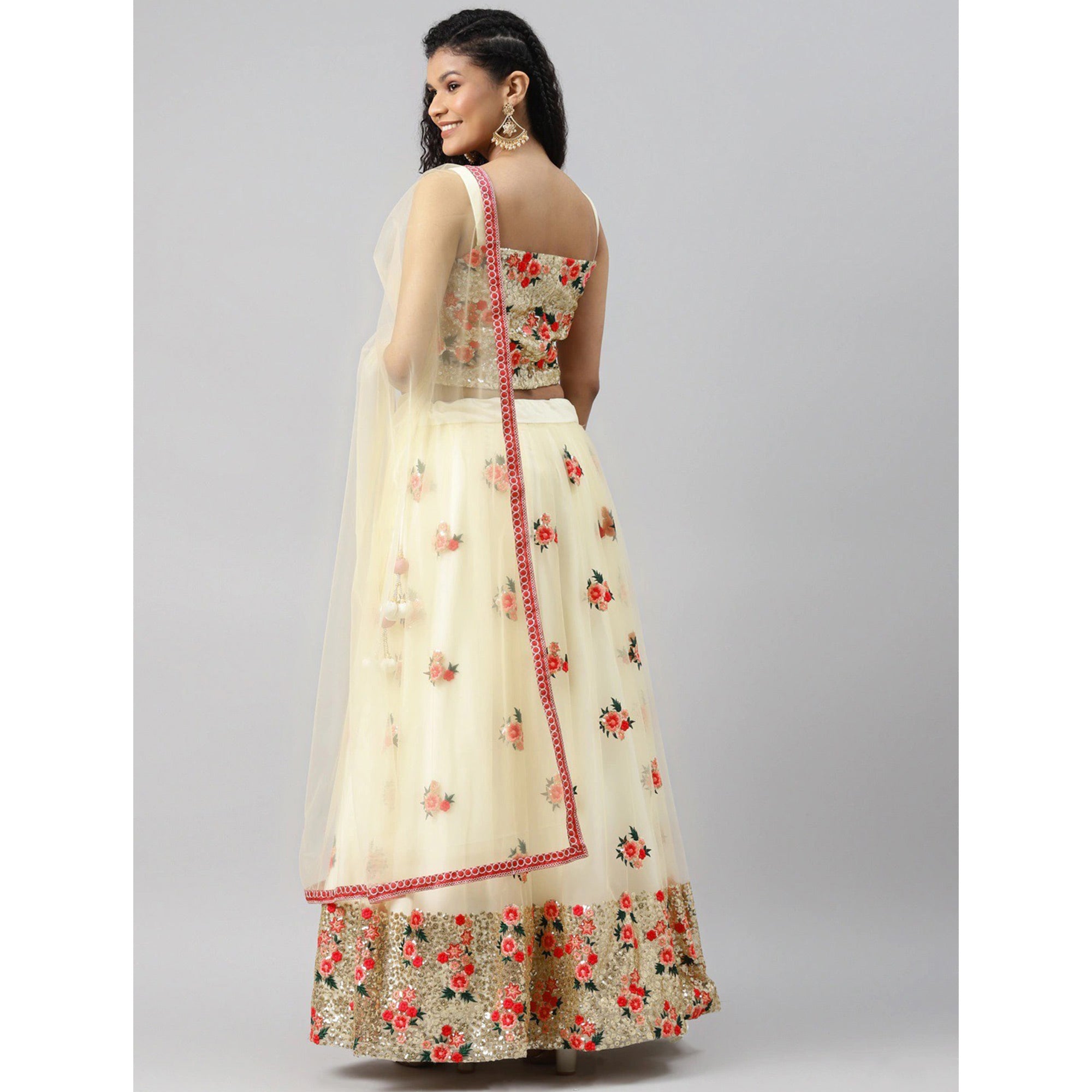 Cream Floral Embroidered Netted Lehenga Choli