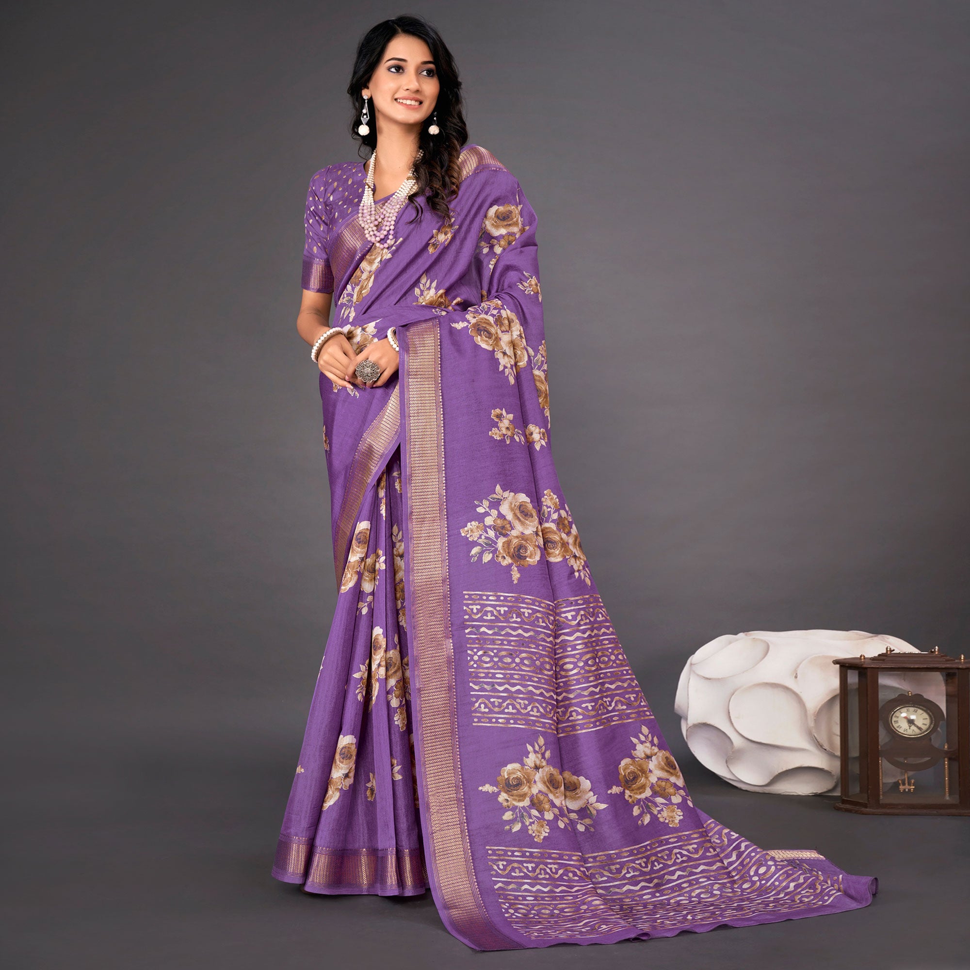 Violet Floral Printed Dola Silk Saree