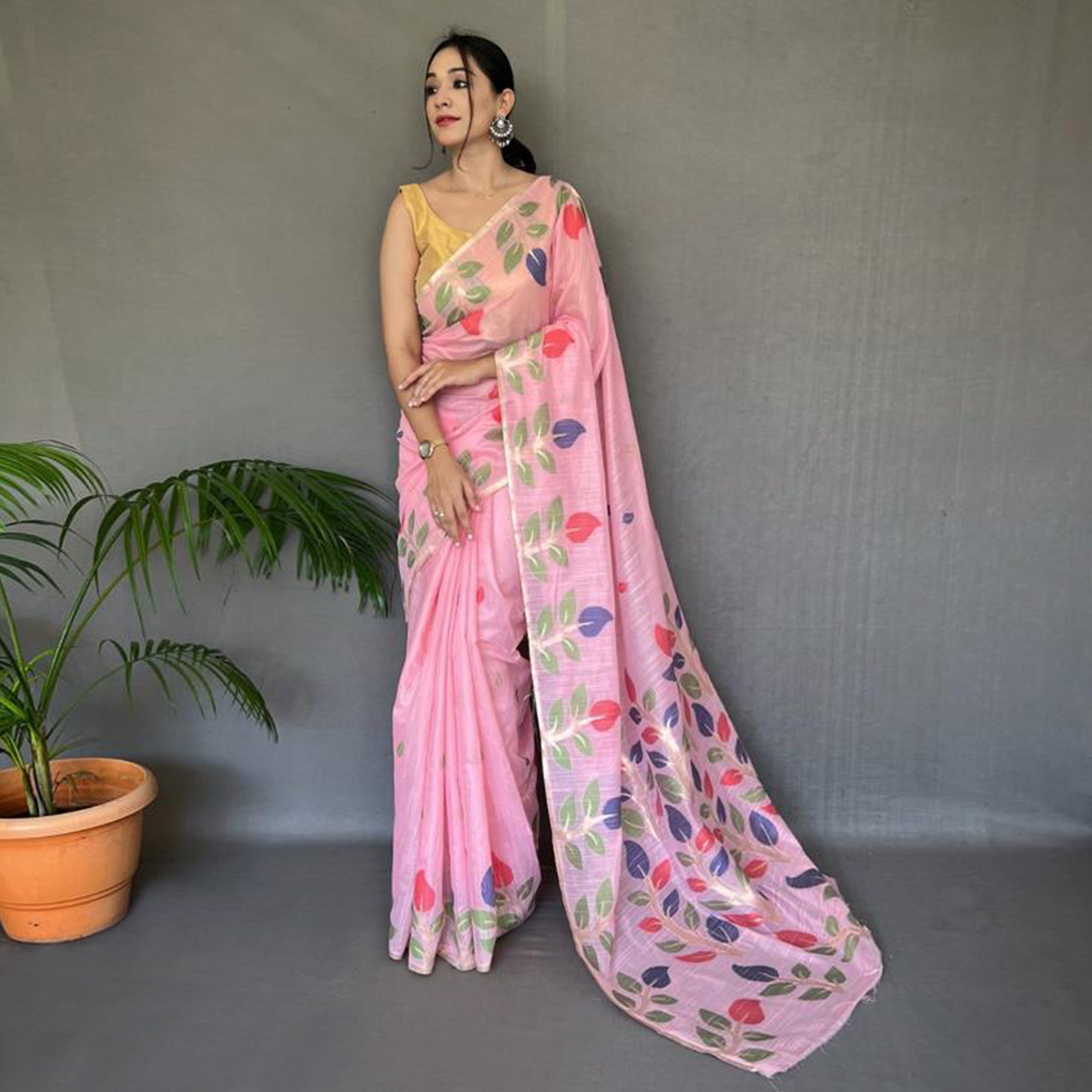 Pink Floral Woven Cotton Saree