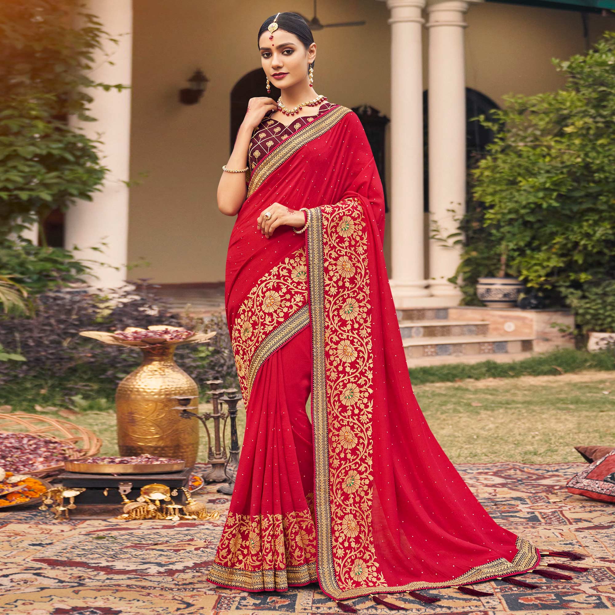 Red Embroidered With Stone Work Vichitra Silk Saree