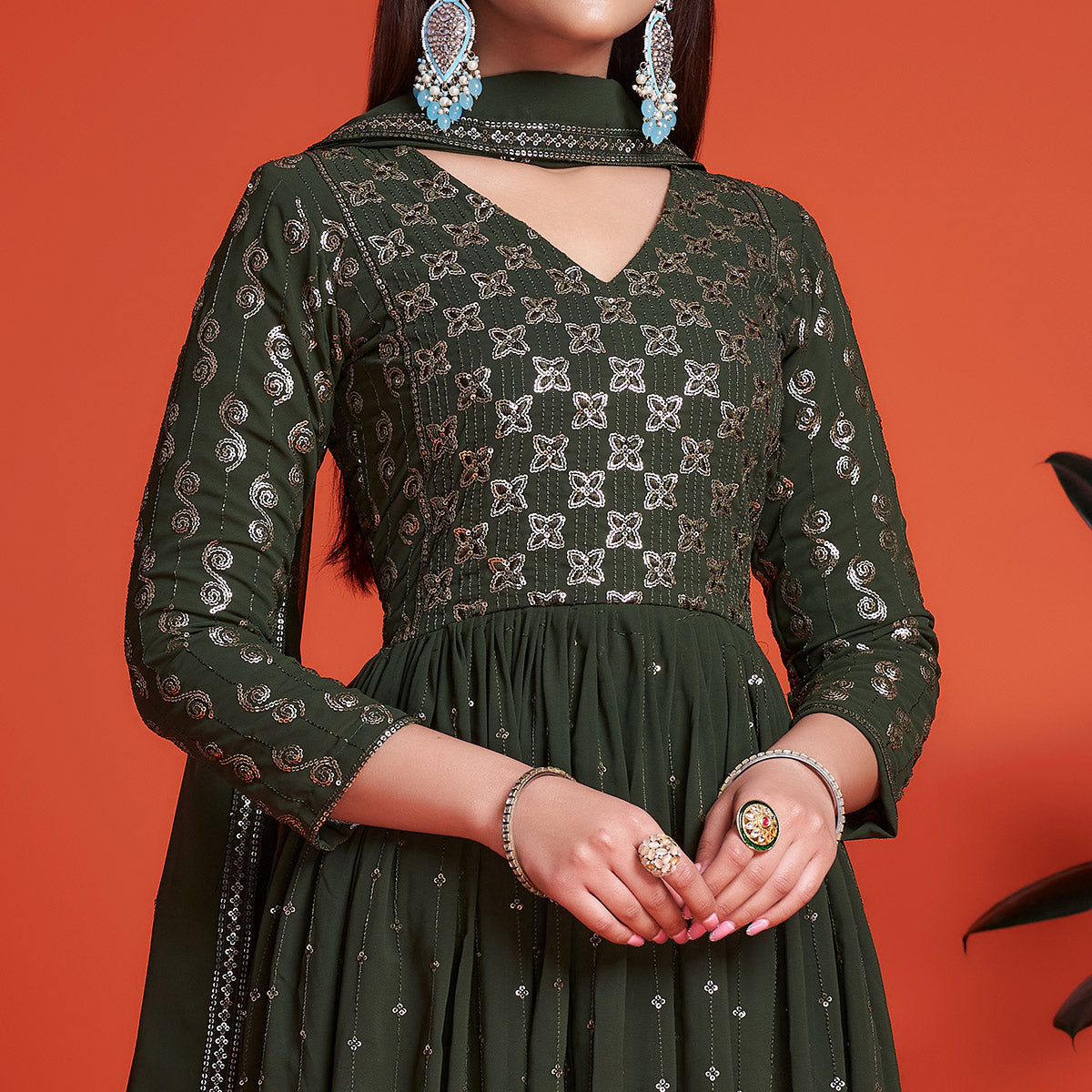 Mehendi Green Sequins Embroidered Georgette Gown With Dupatta