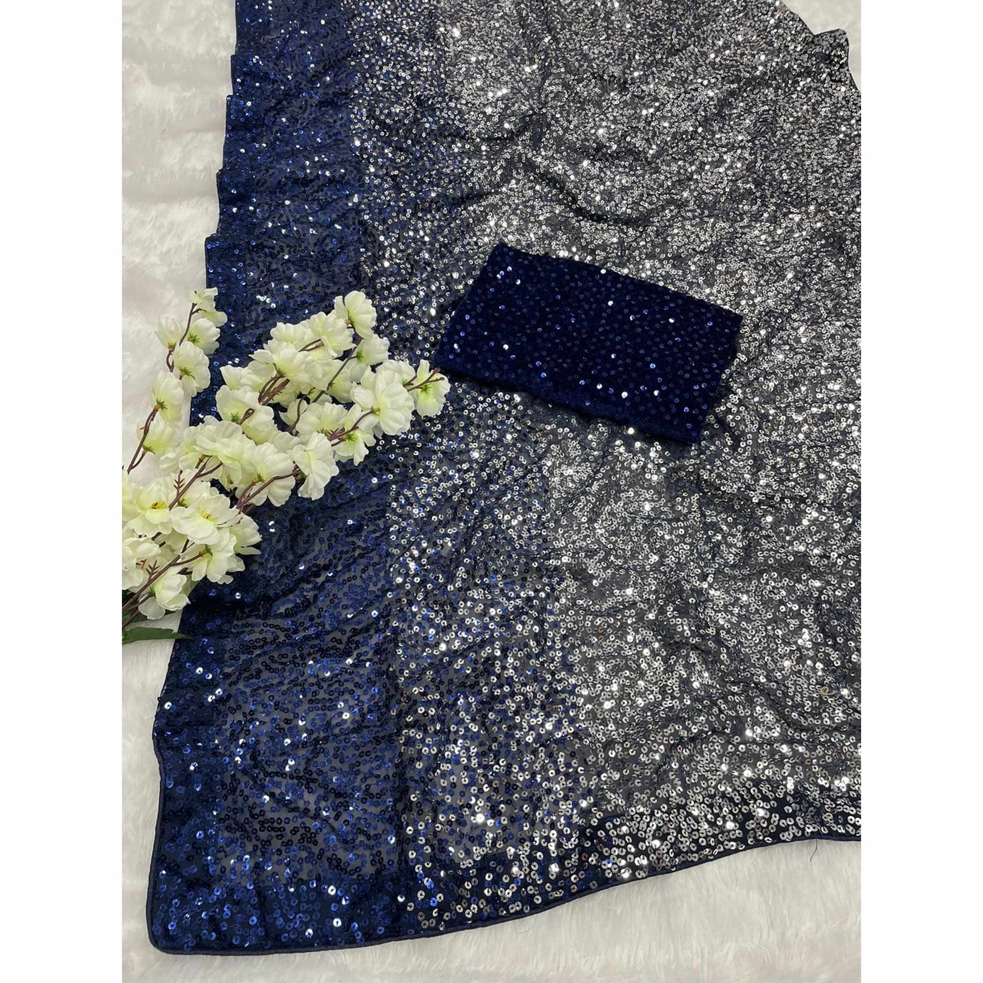 Blue Sequins Embroidered Georgette Saree