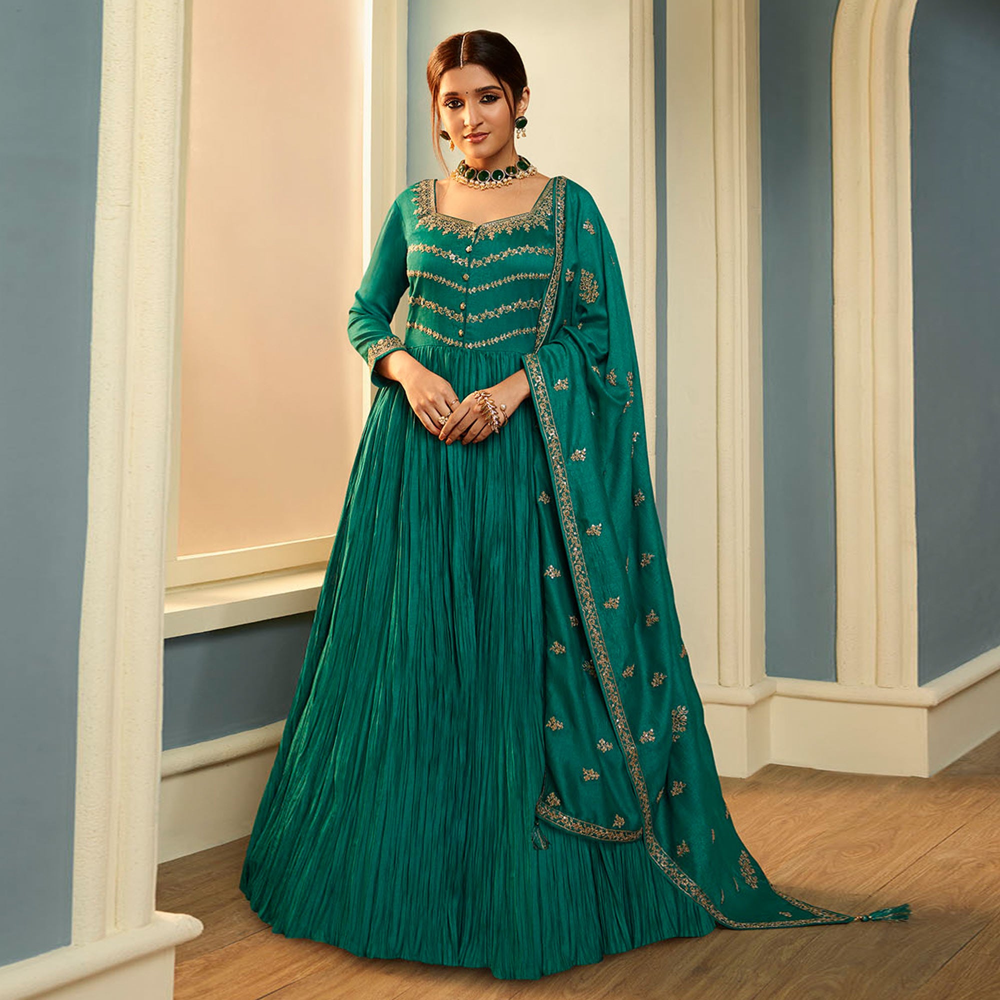 Rama Blue Embroidered Georgette Gown