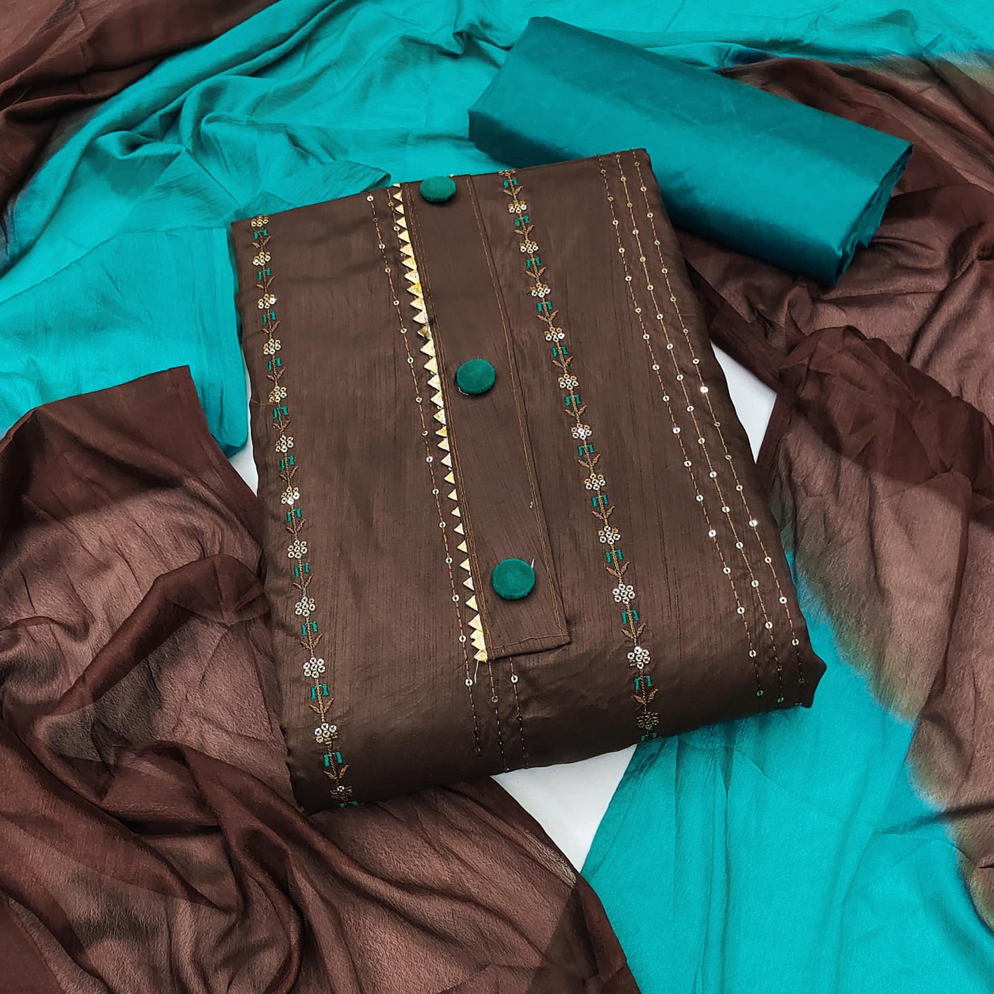 Brown Sequins Embroidered Raw Silk Dress Material