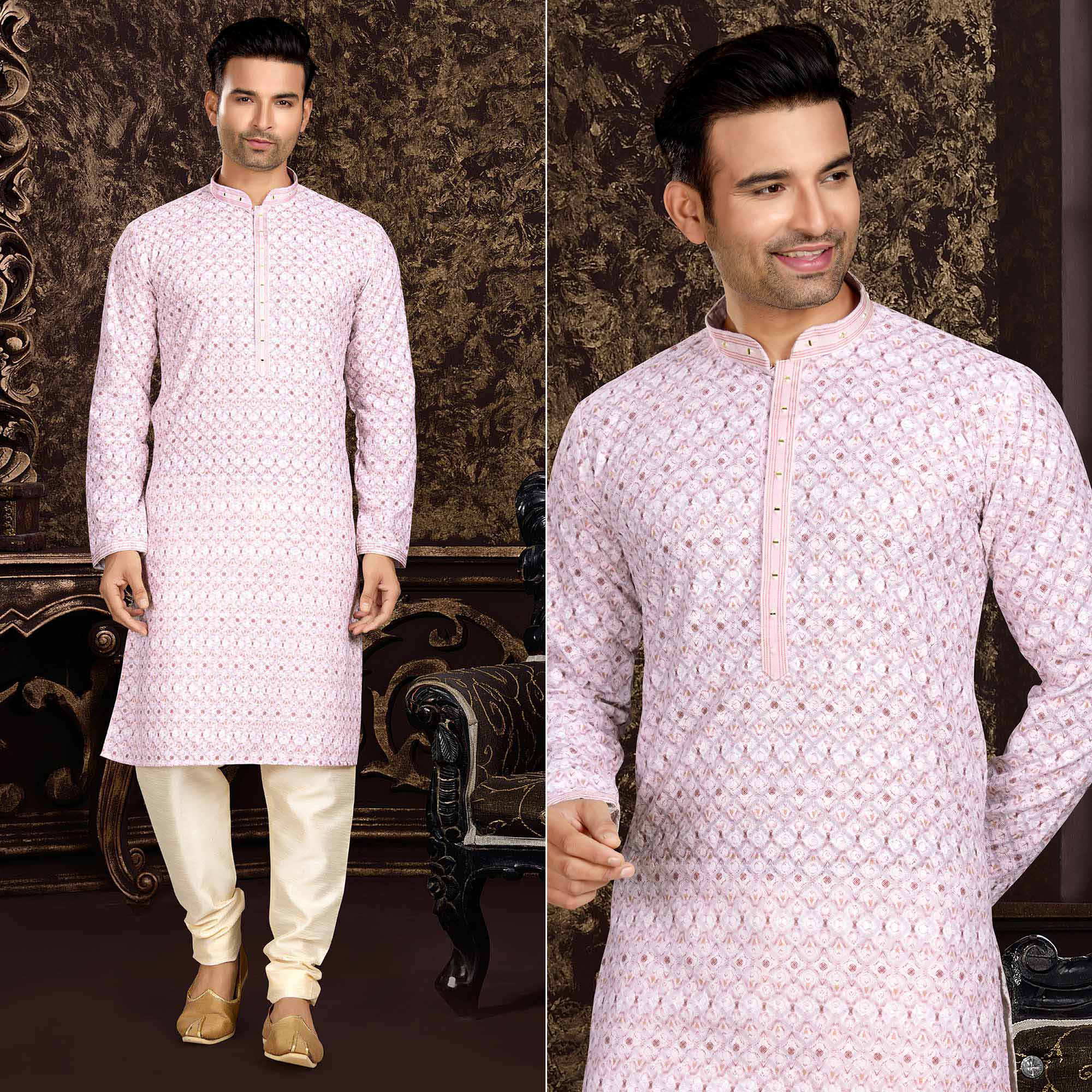 Pink Lucknowi And Digital Printed Cotton Kurta Pyjama Set