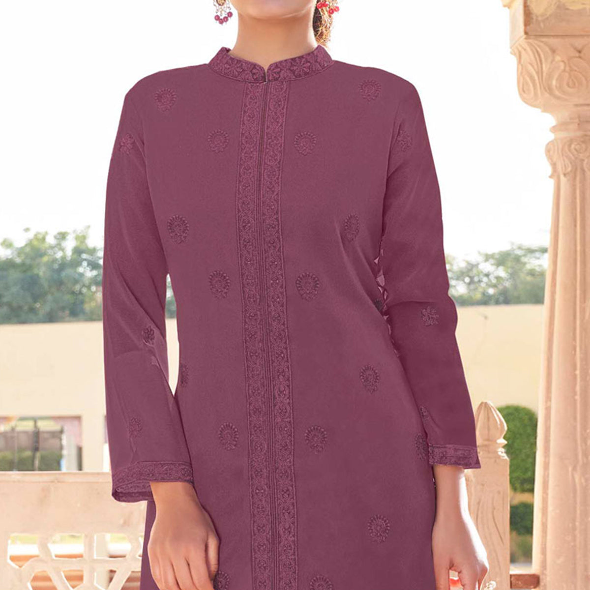 Mauve Lucknowi Embroidered Georgette Kurti Palazzo Set