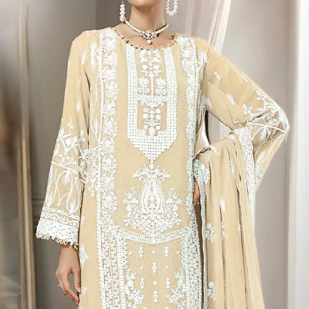Cream Floral Embroidered Georgette Pakistani Suit