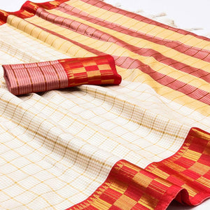 Cream & Red Woven Cotton Silk Saree
