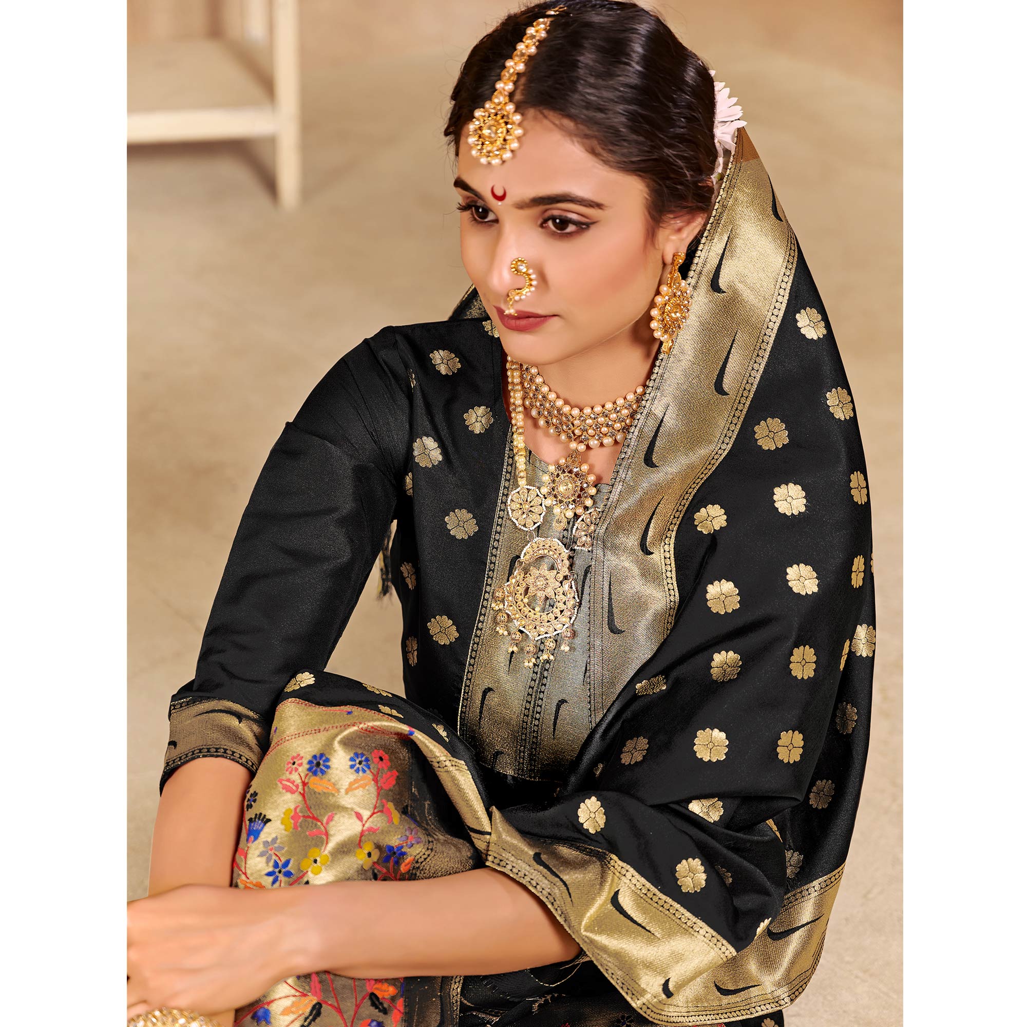 Black Floral Woven Tapetta Silk Salwar Suit
