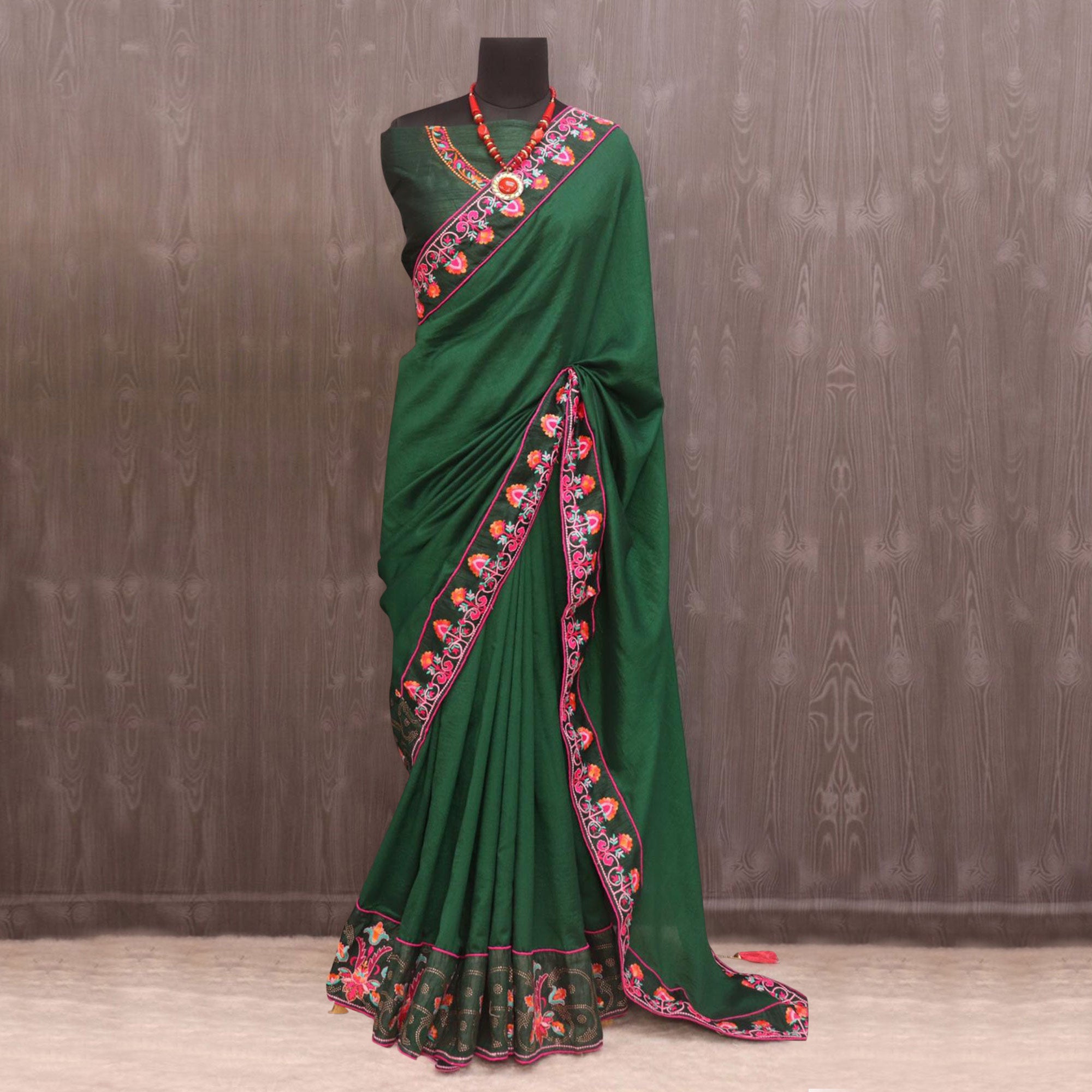 Green Floral Embroidered Vichitra Silk Saree