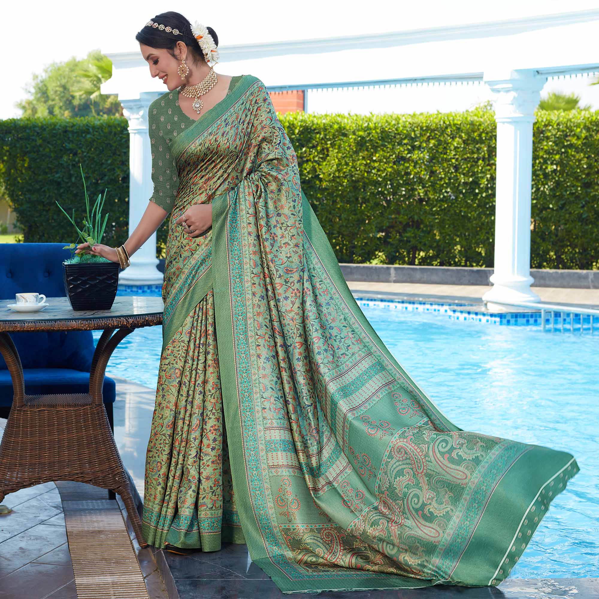 Sea Green Digital Printed Pashmina Saree