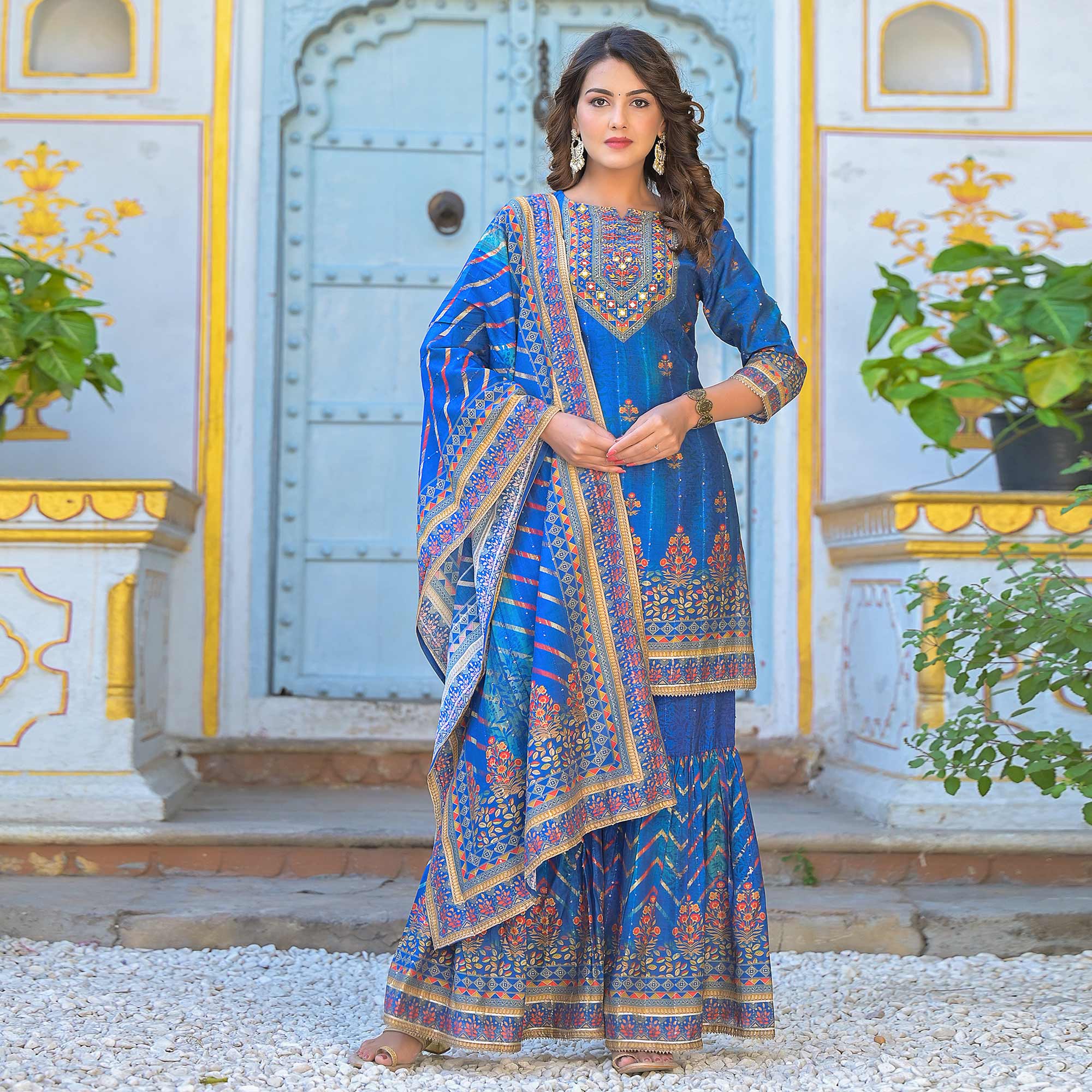 Blue Embroidery With Printed Muslin Sharara Suit