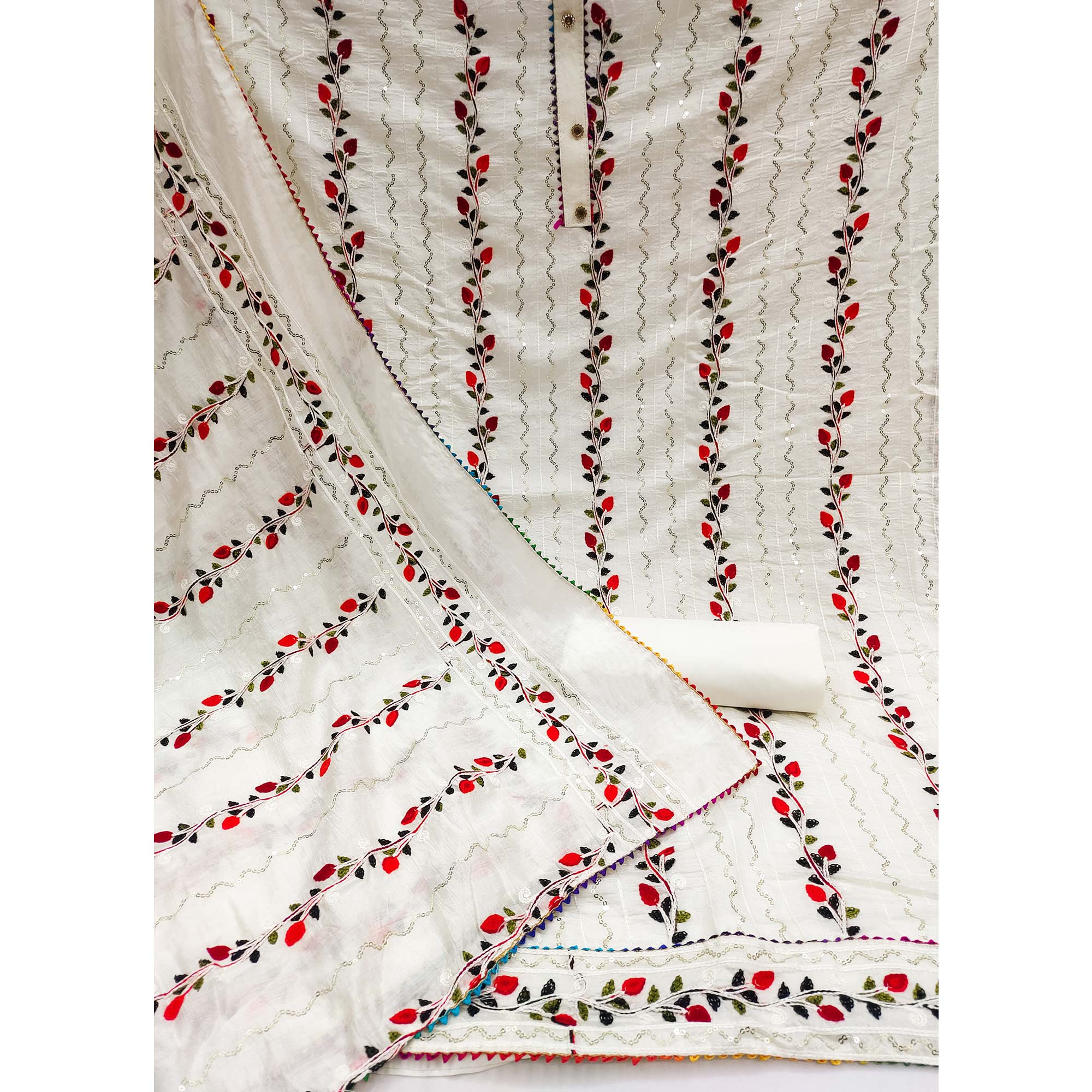 White Sequins Embroidered Chanderi Dress Material