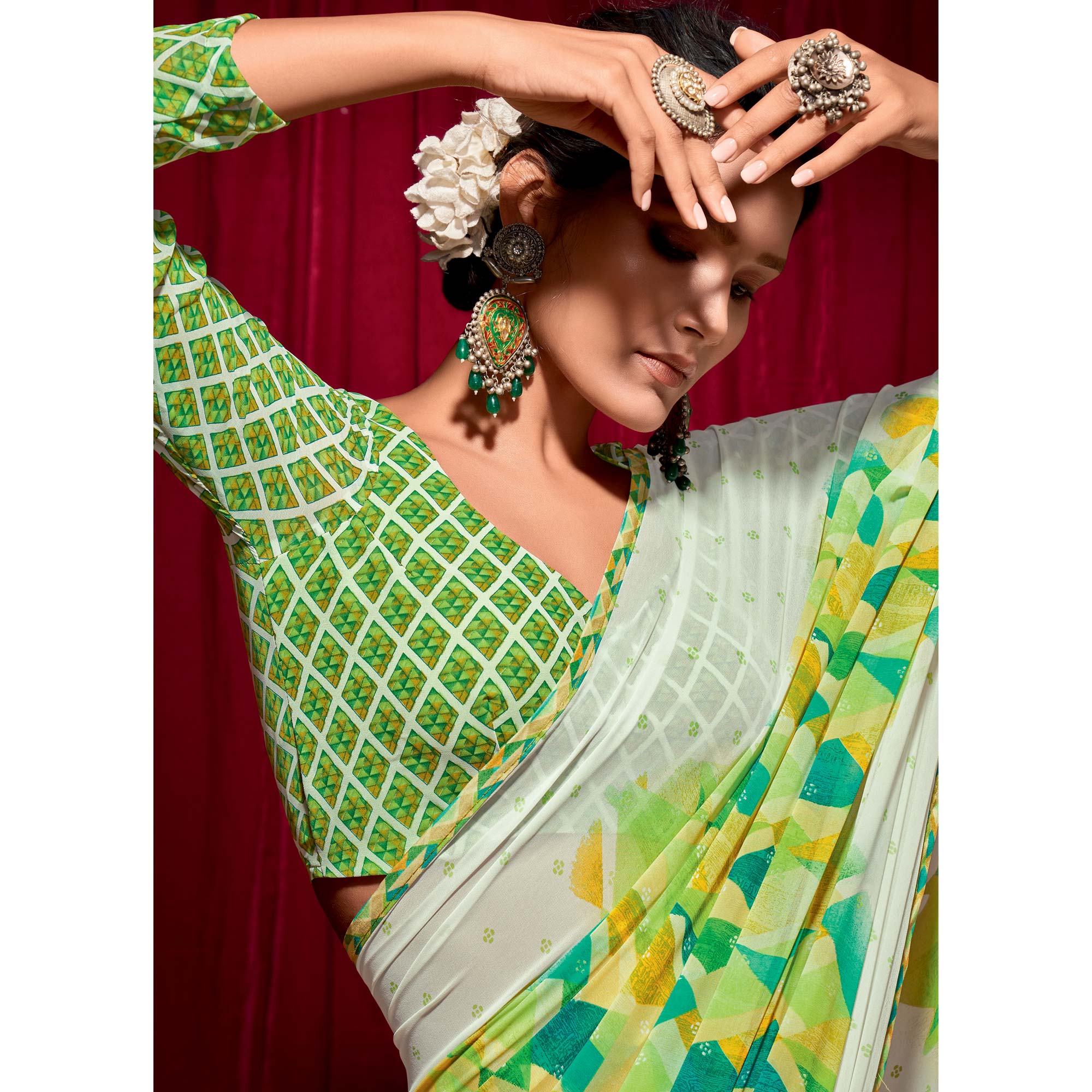 Green Printed Georgette Saree