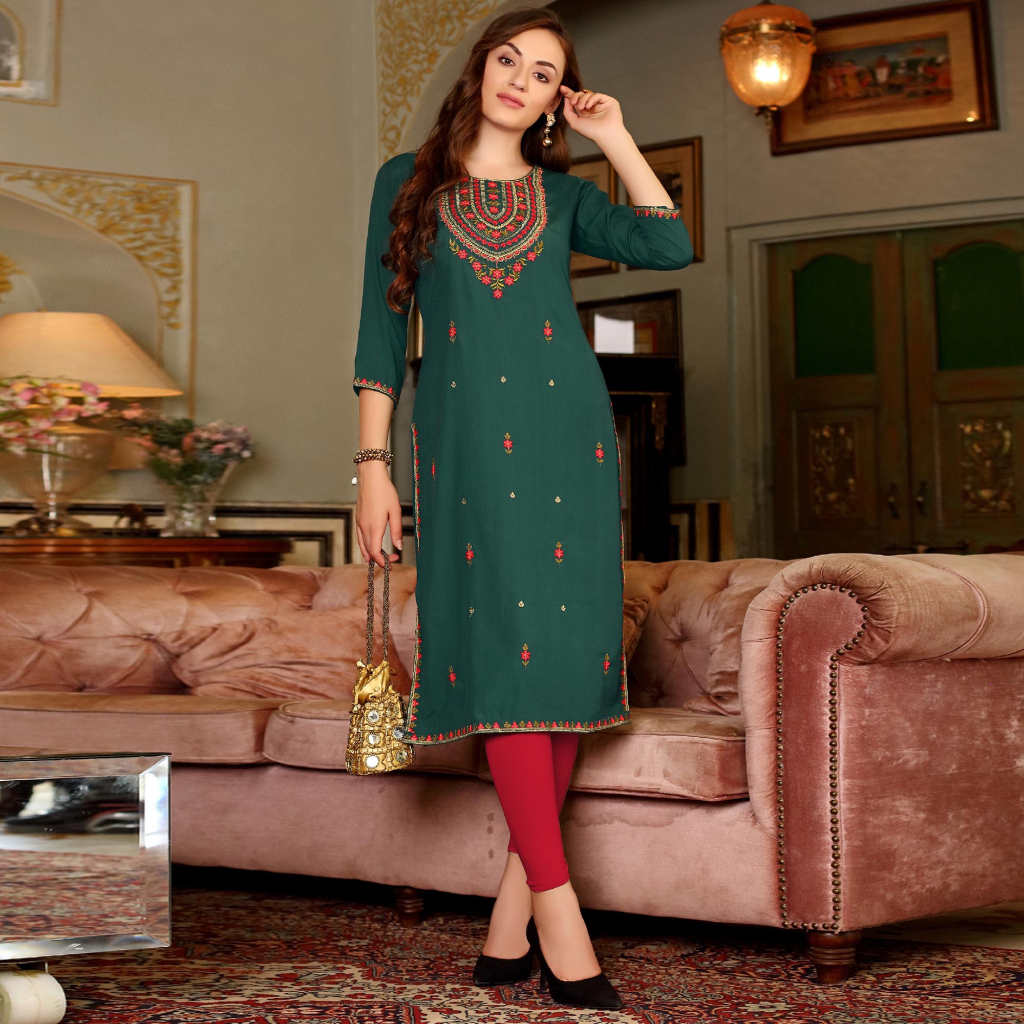 Green Floral Embroidered Muslin Kurti