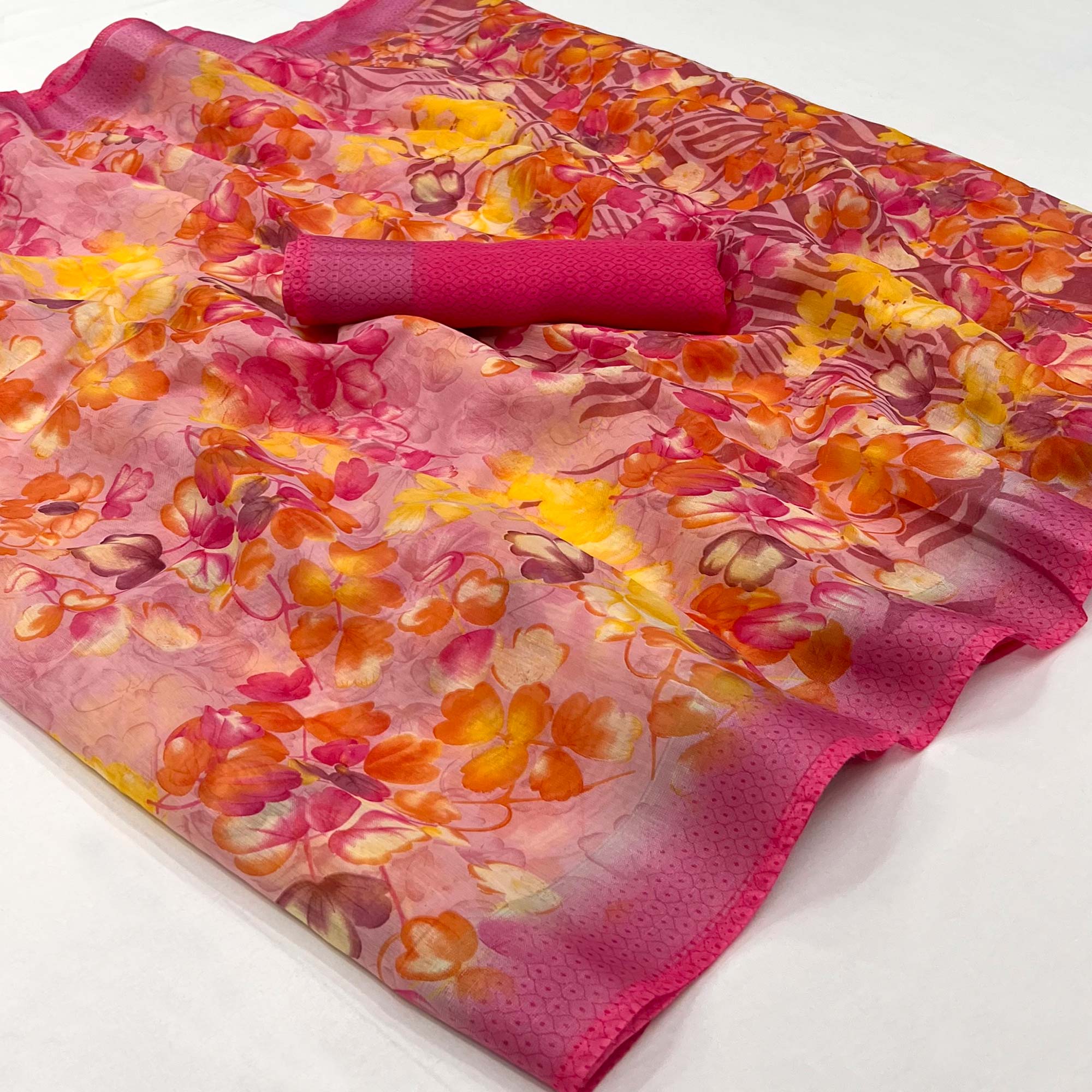 Pink Floral Printed Linen Saree