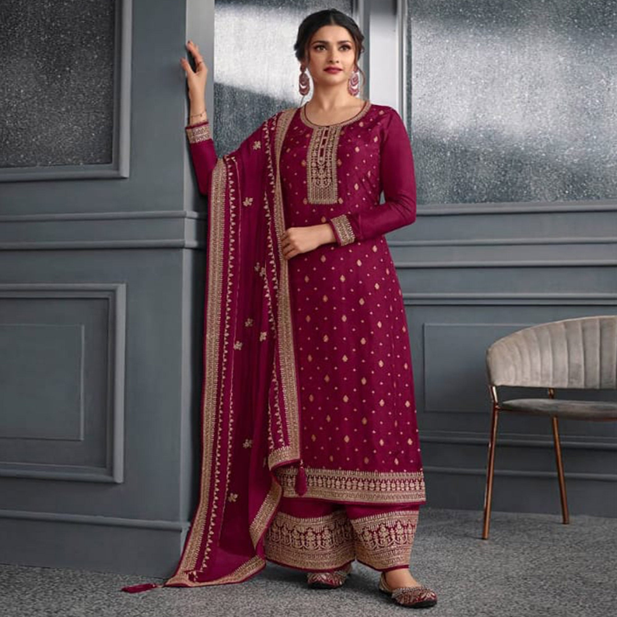 Pink Woven With Sequins Embroidered Dola Silk Palazzo Suit