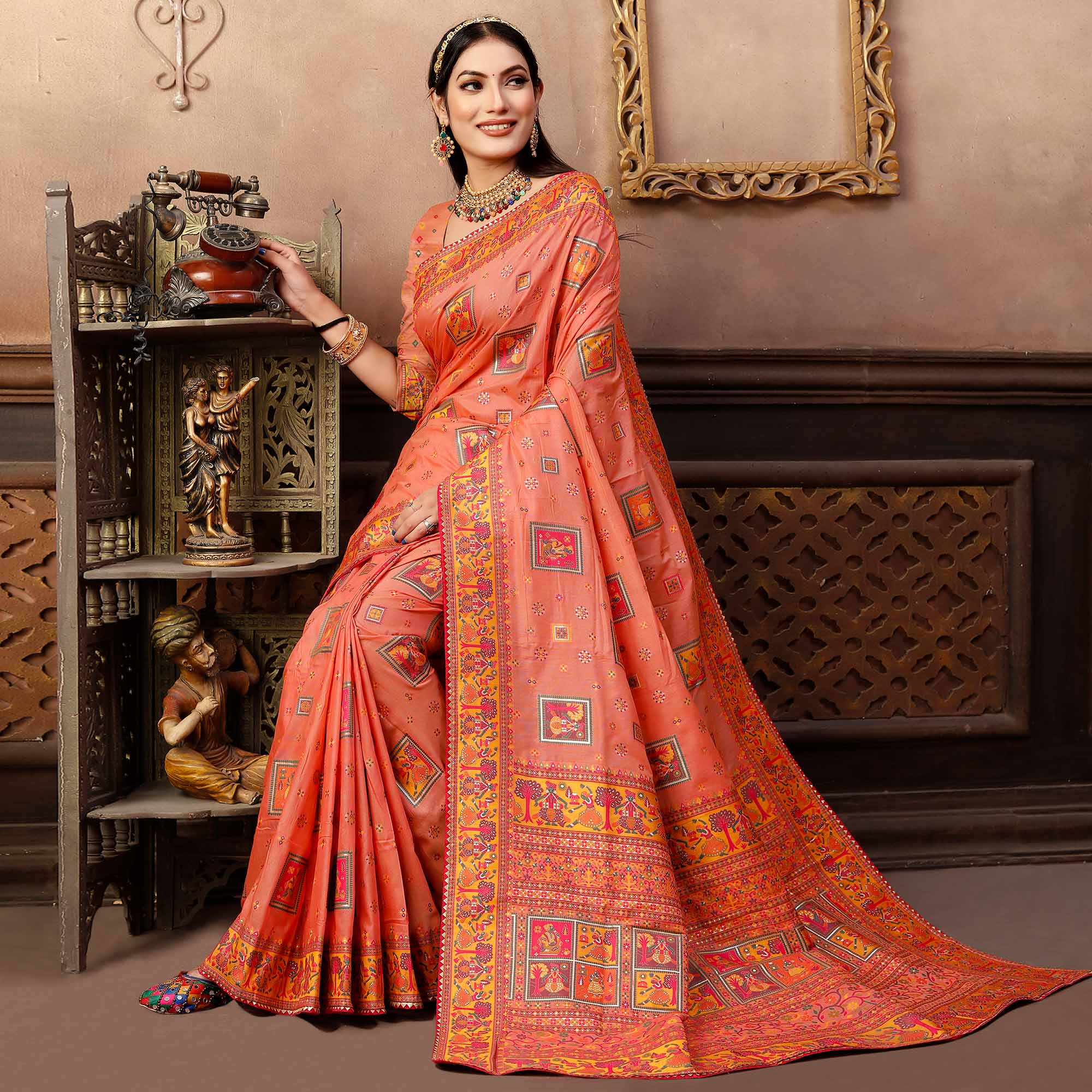 Peach Woven With Gota Patti Work Pashmina Saree