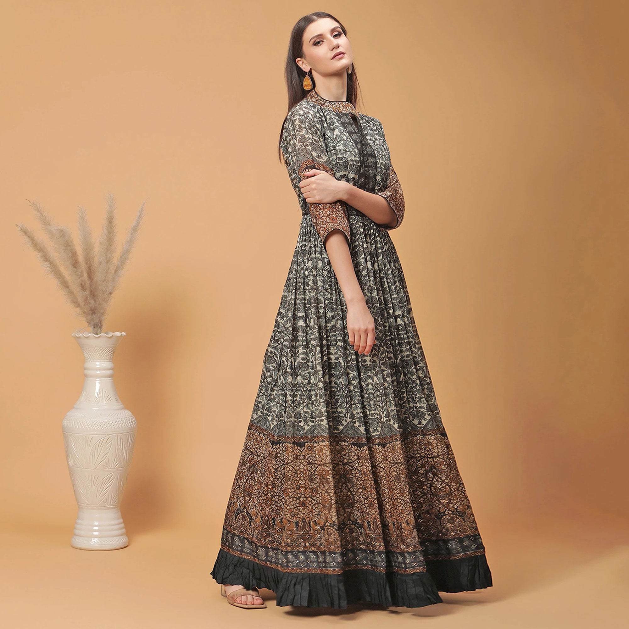 Black Digital Printed Dola Silk Gown