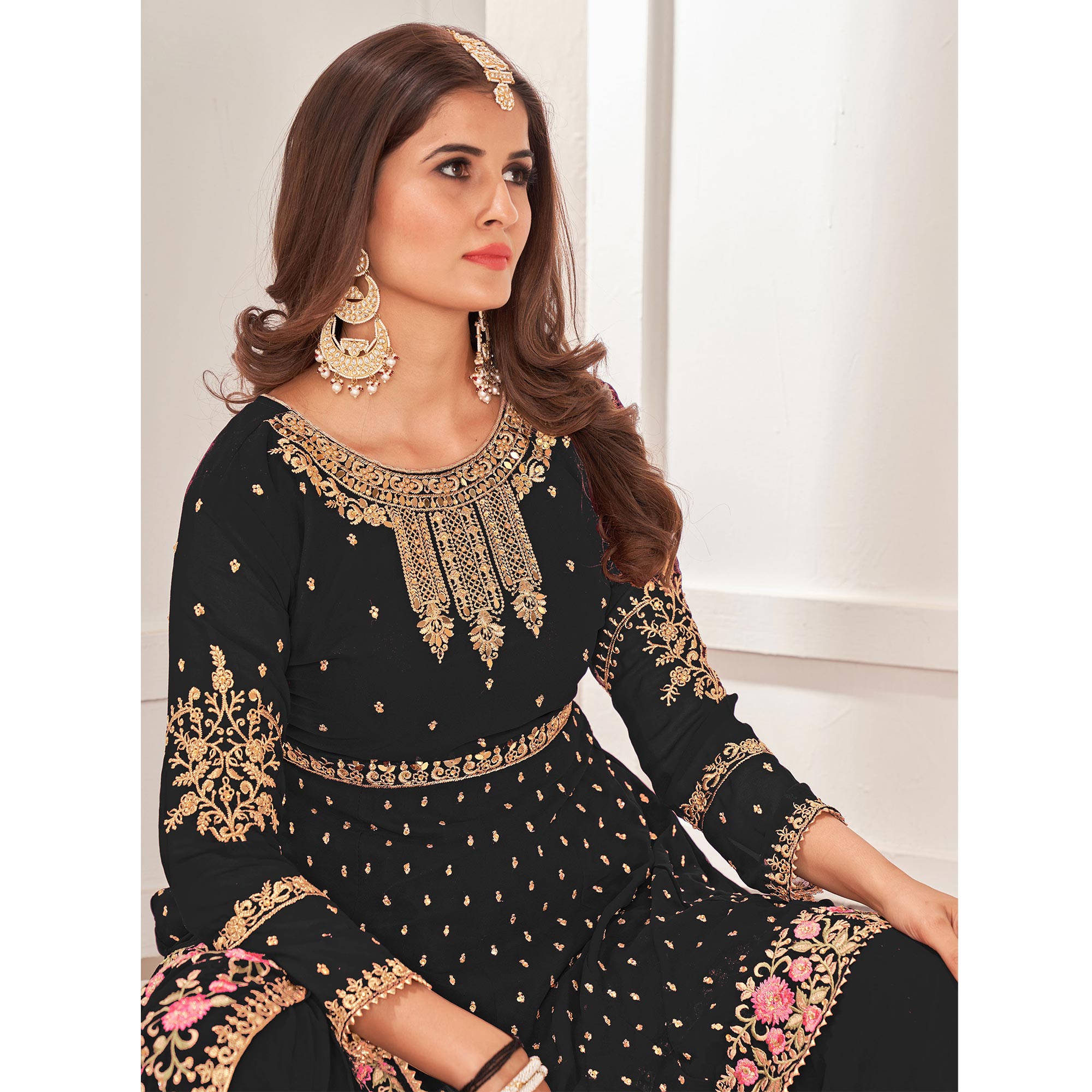 Black Sequins Embroidered Georgette Sharara Suit