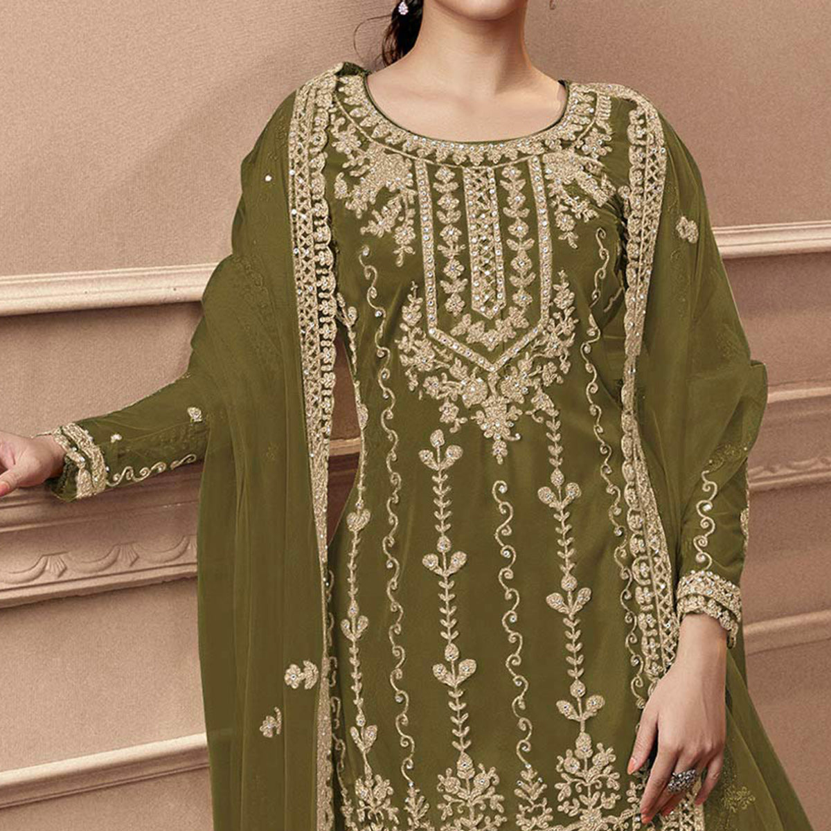 Mahendi Green Floral Embroidered Netted Pakistani Suit