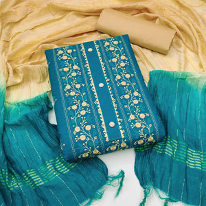 Blue Floral Embroidered Cotton Blend Dress Material