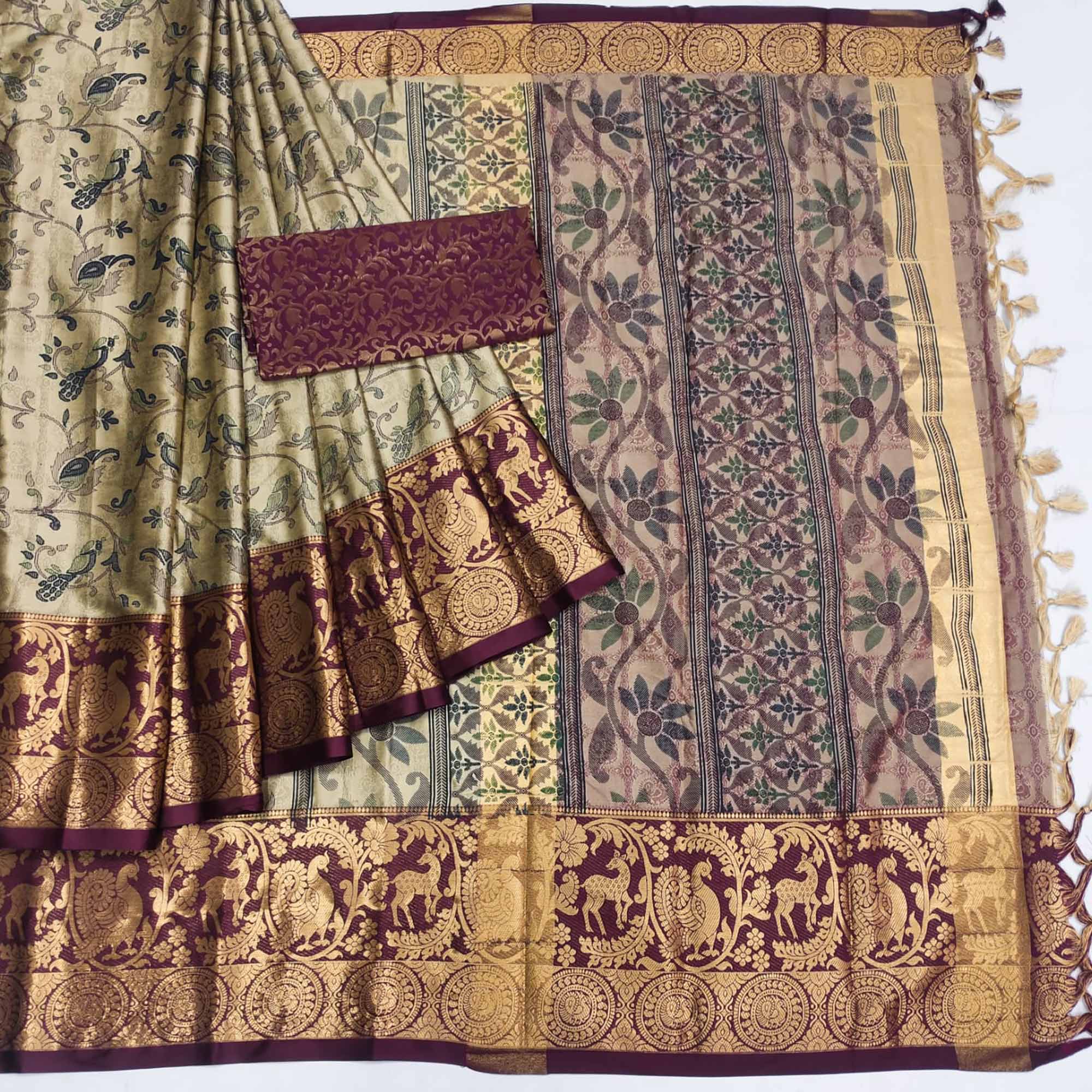 Chikoo Printed With Woven Border Cotton Silk Saree