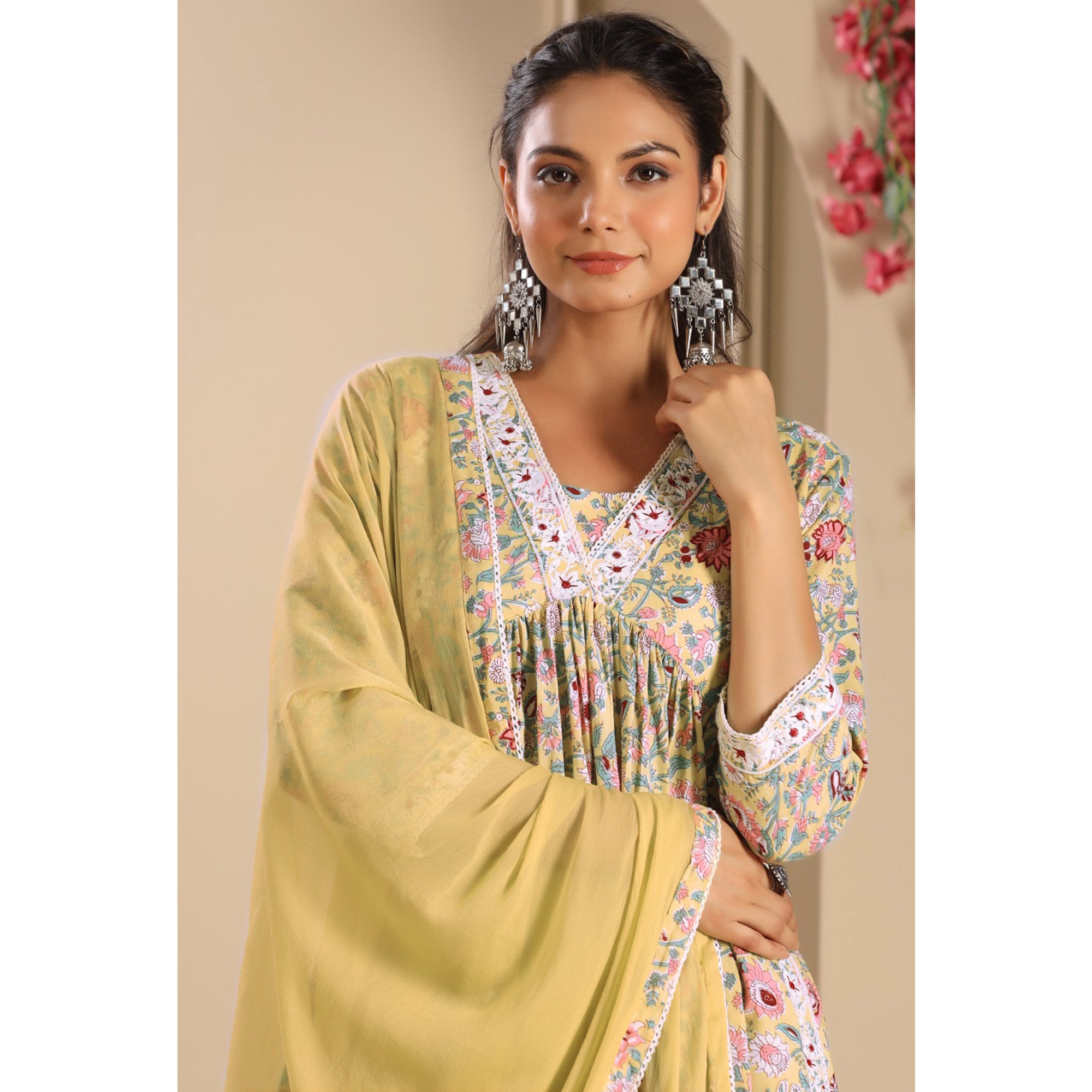 Mustard Floral Printed Pure Cotton Naira Cut Suit