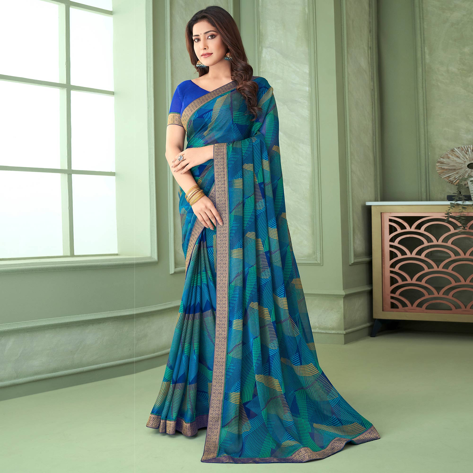 Sky Blue Digital Printed Chiffon Saree With Lace Border