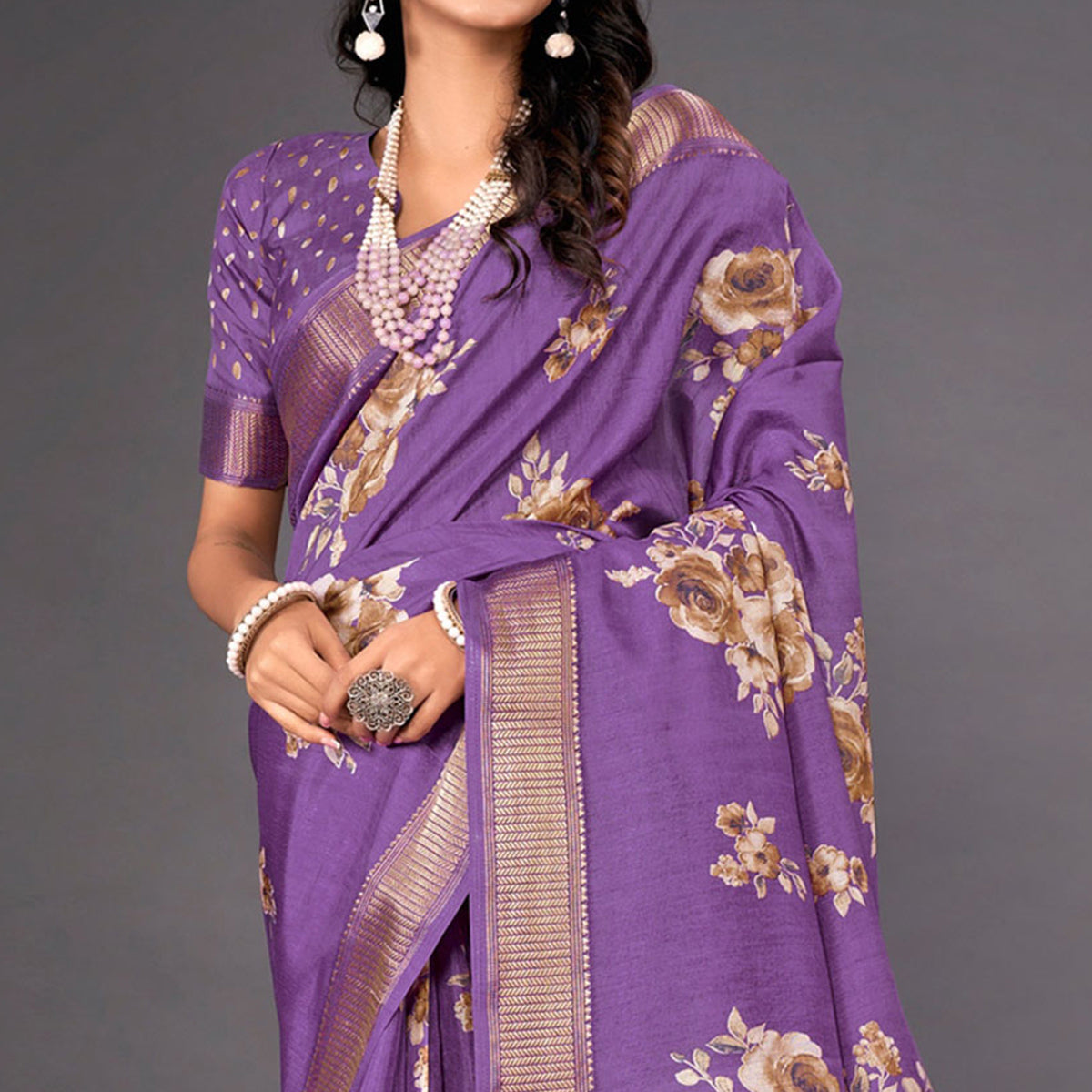 Violet Floral Printed Dola Silk Saree