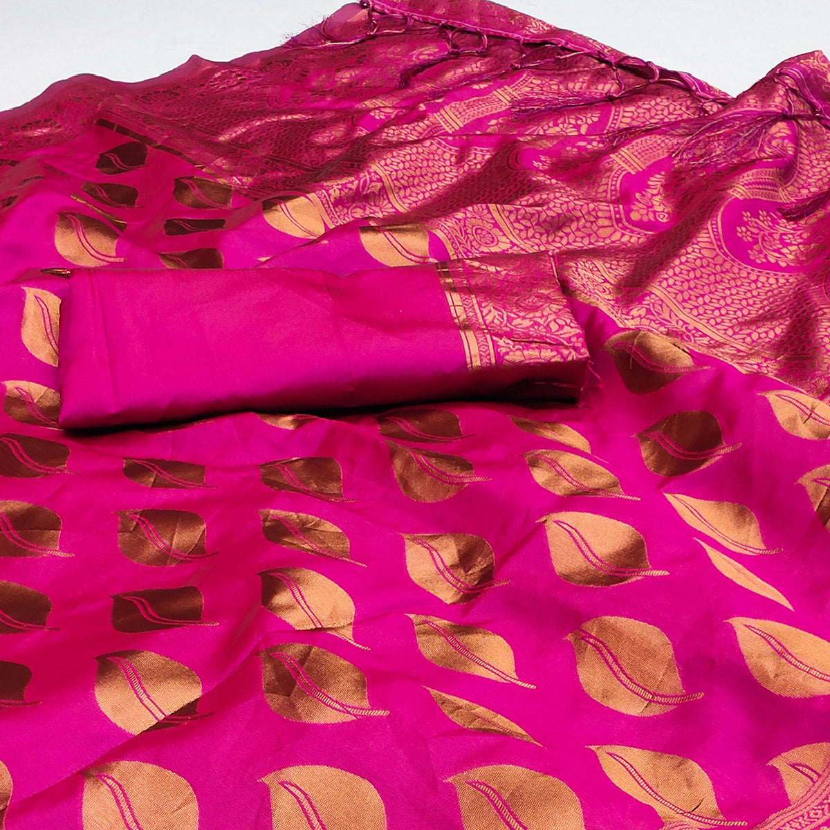 Pink Woven Art Silk Saree With Tassels