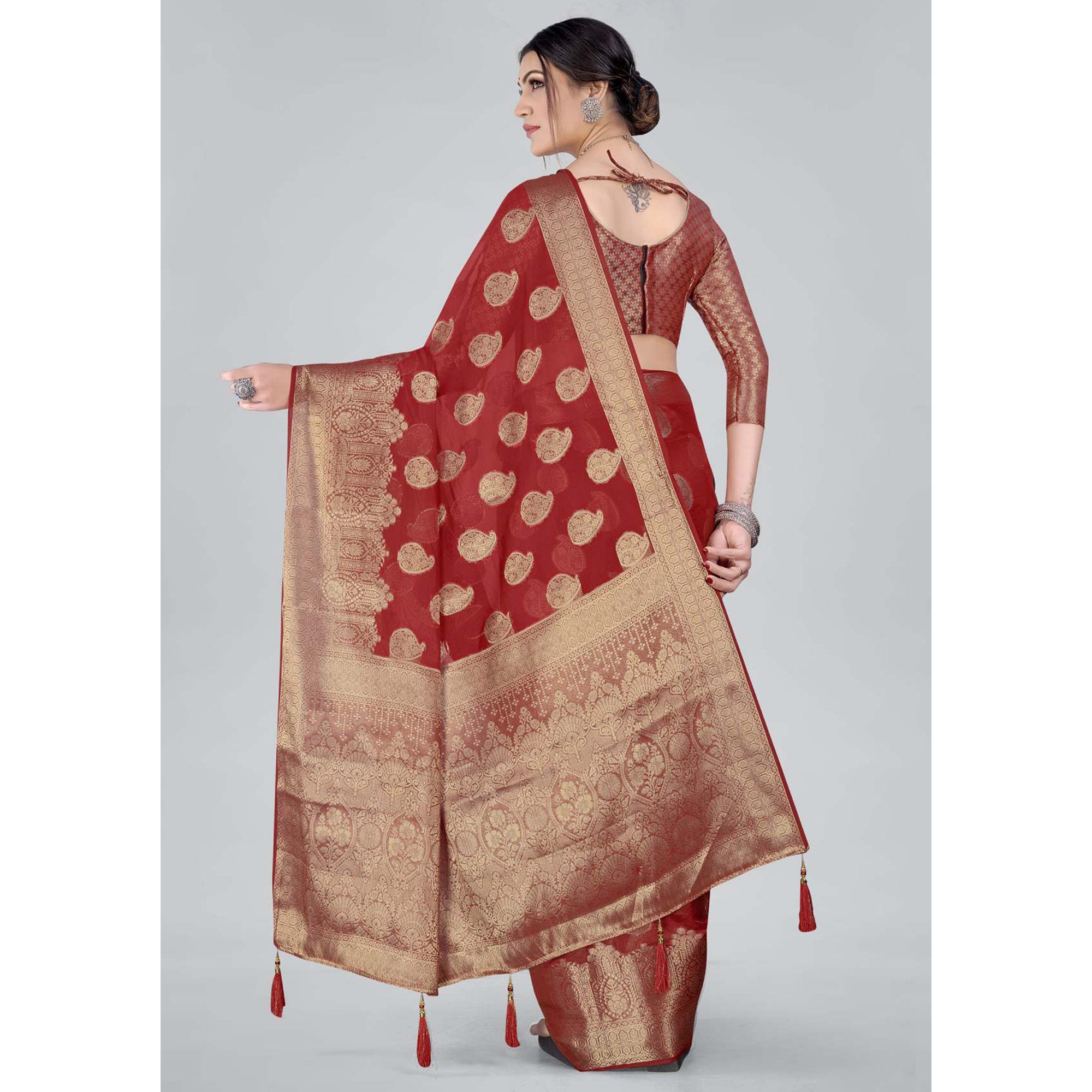 Red Woven Organza Saree With Tassels