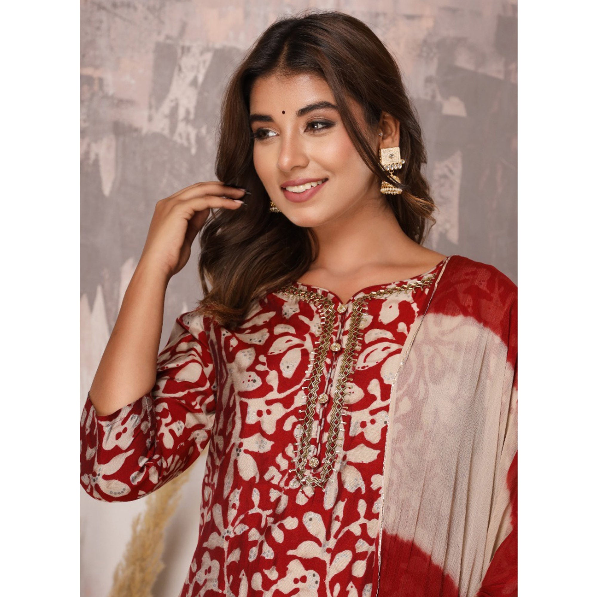 Dark Red Floral Printed Muslin Salwar Suit