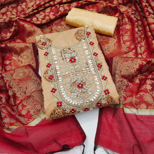 Beige Floral Printed With Handwork Modal Dress Material