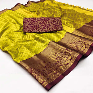 Lemon Green Woven Cotton Silk Saree With Tassels
