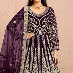 Purple Floral Embroidered Net Gown