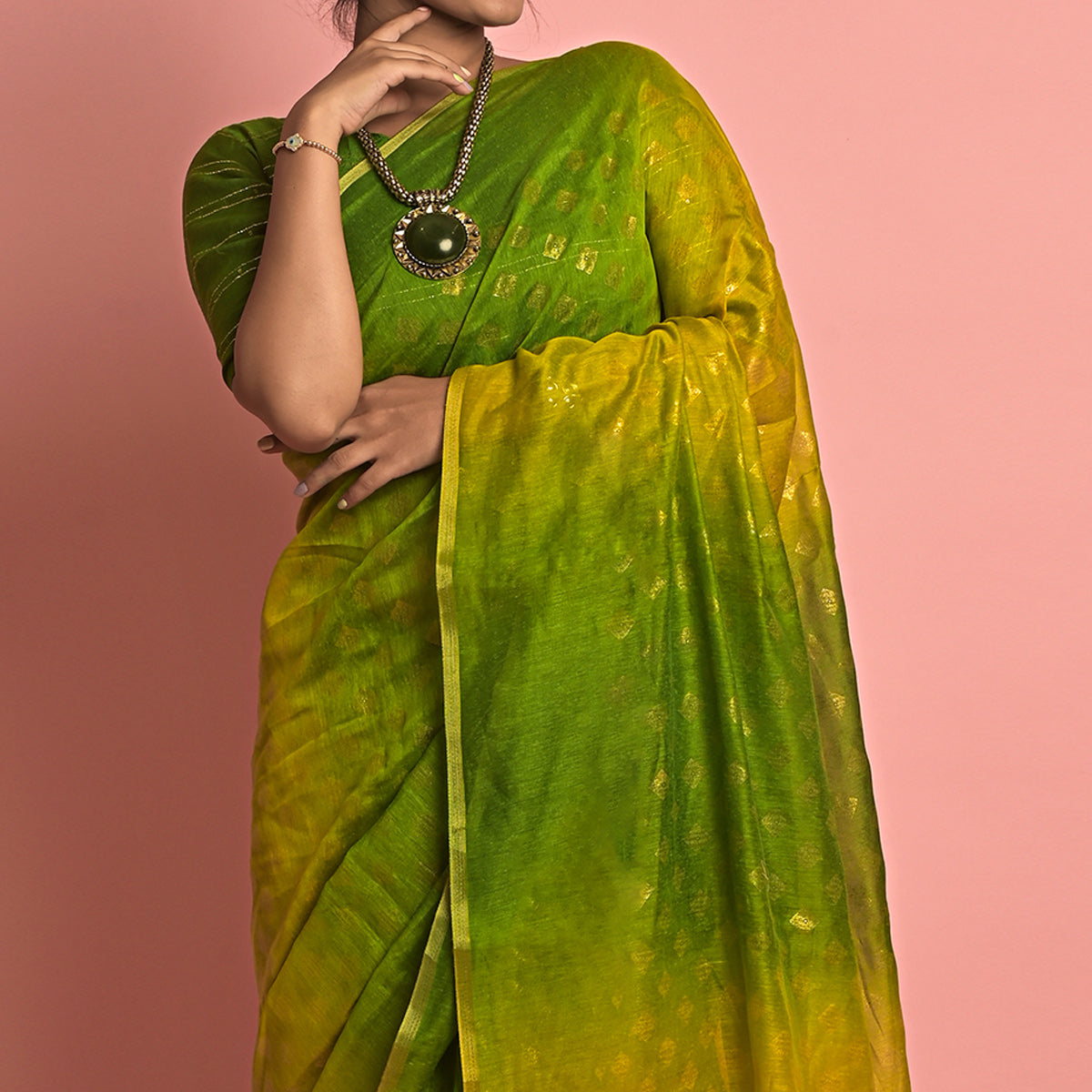 Green & Olive Foil Printed Cotton Blend Saree