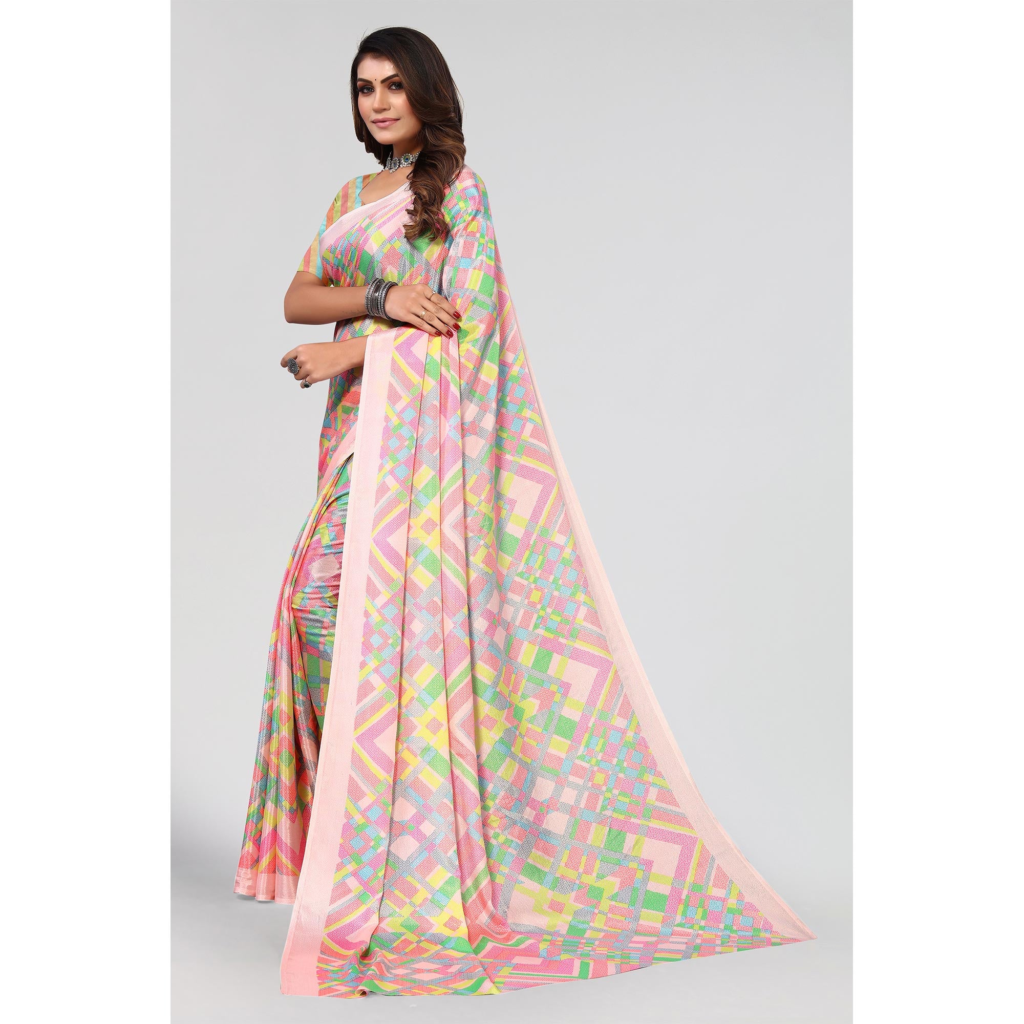 Pink Geometric Printed Chiffon Saree