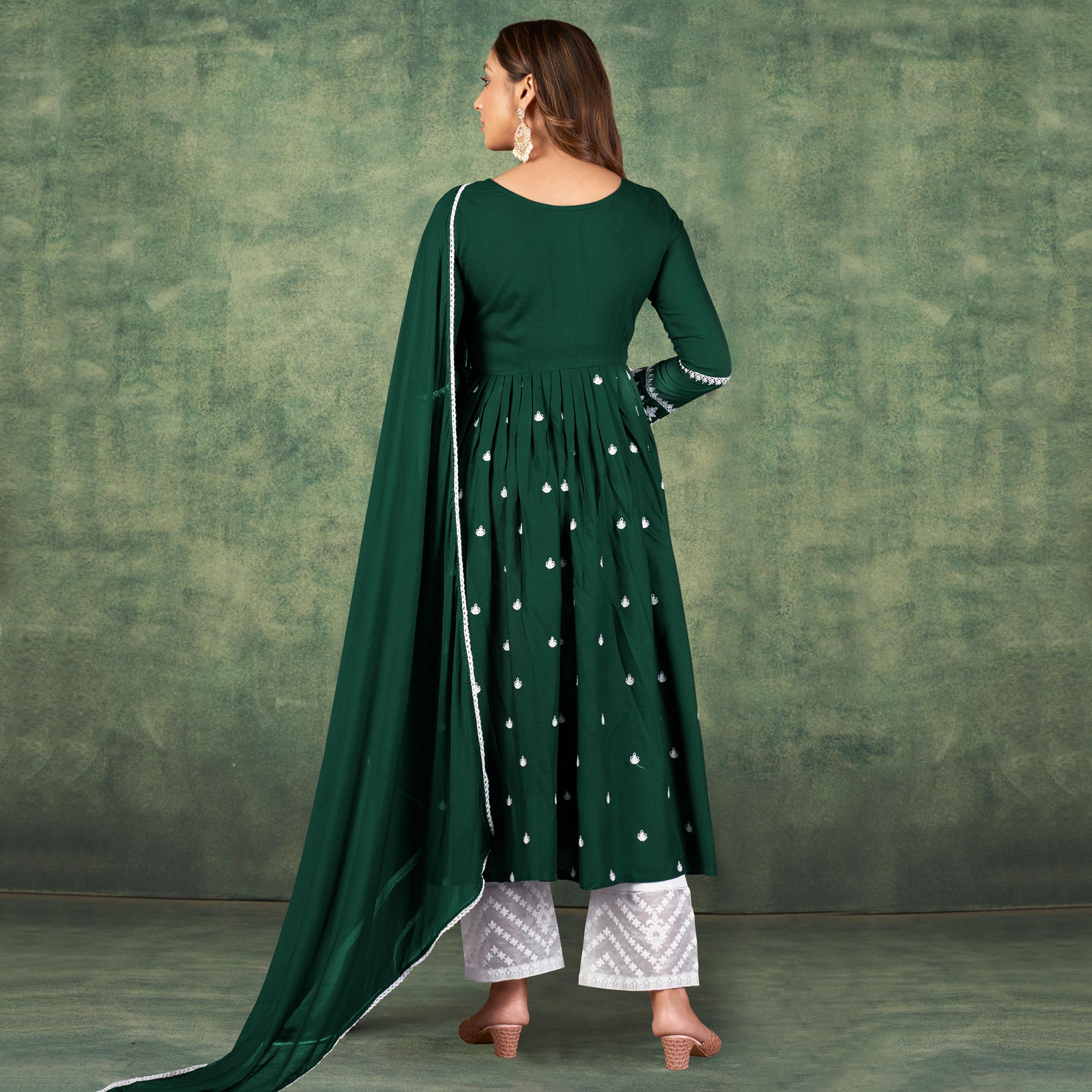 Green Lucknowi Work Rayon Naira Cut Palazzo Suit