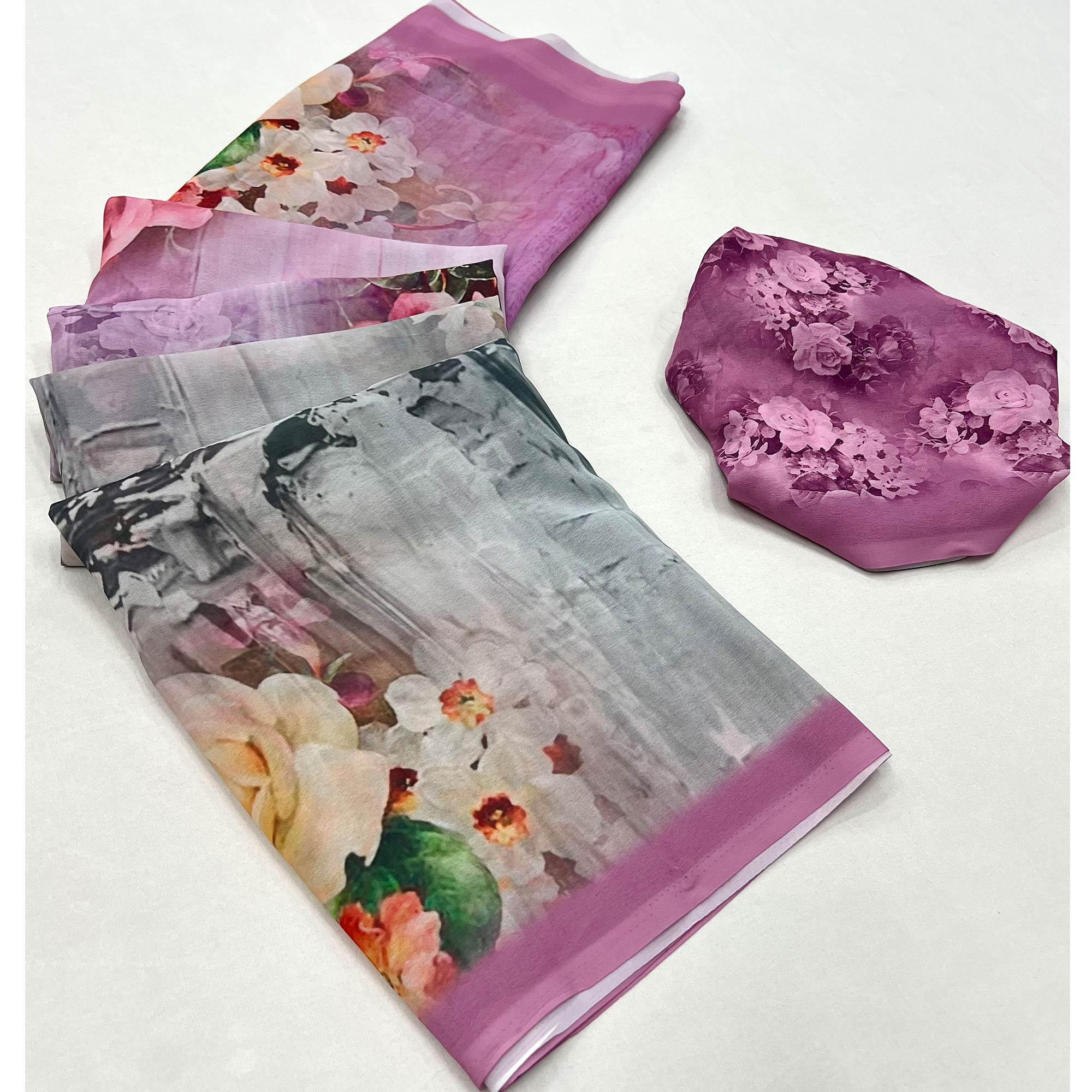 Pink Digital Printed Georgette Saree