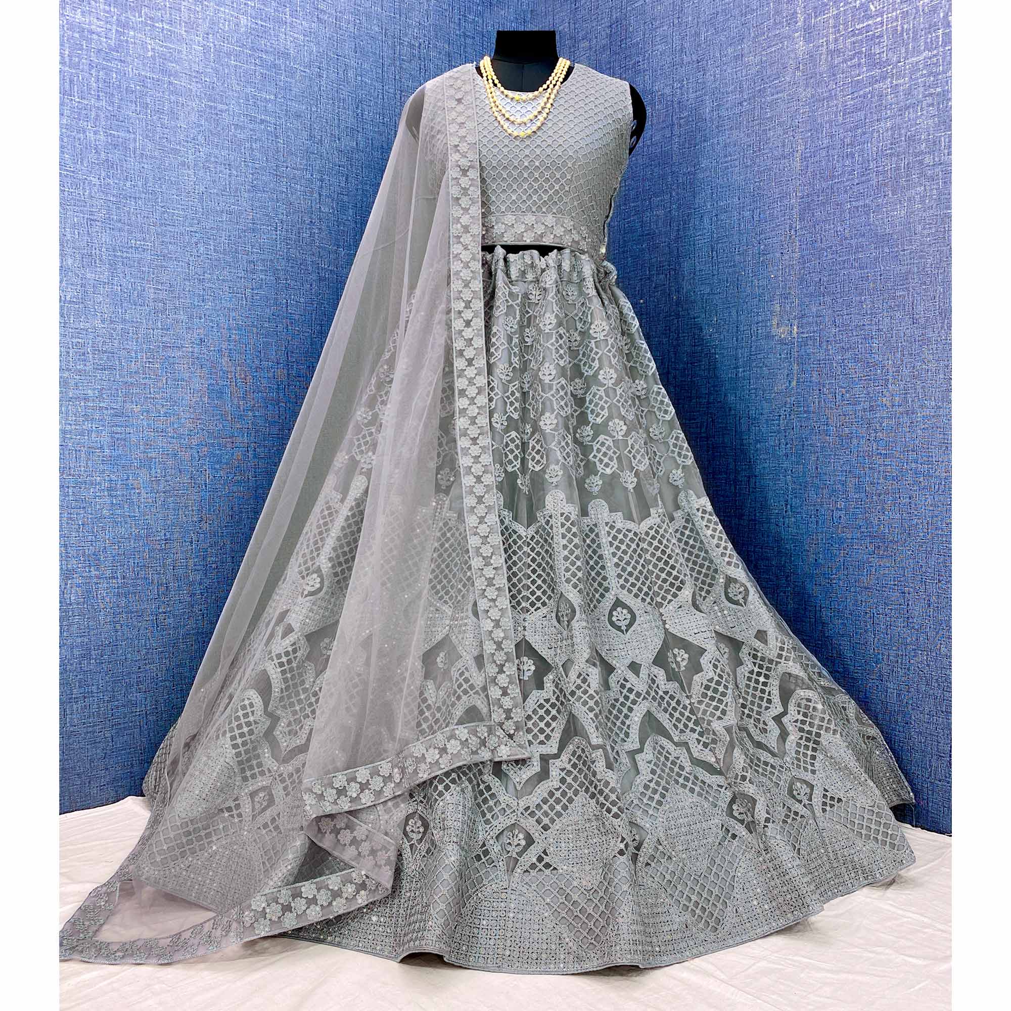 Grey Sequins Embroidered Netted Lehenga Choli